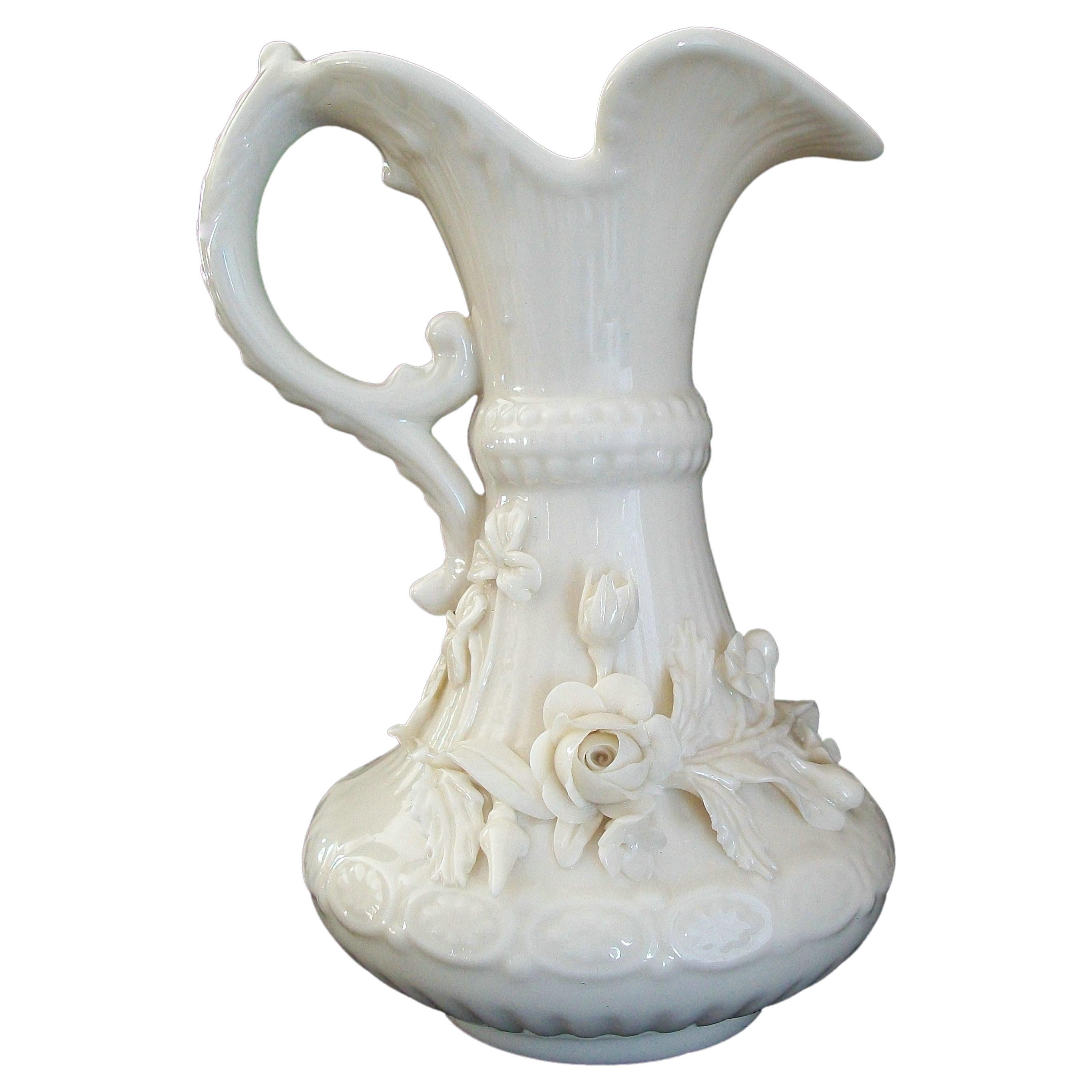 BELLEEK, Ceramic Ewer with Applied Floral Decoration, Ireland, Circa 1965-80 For Sale