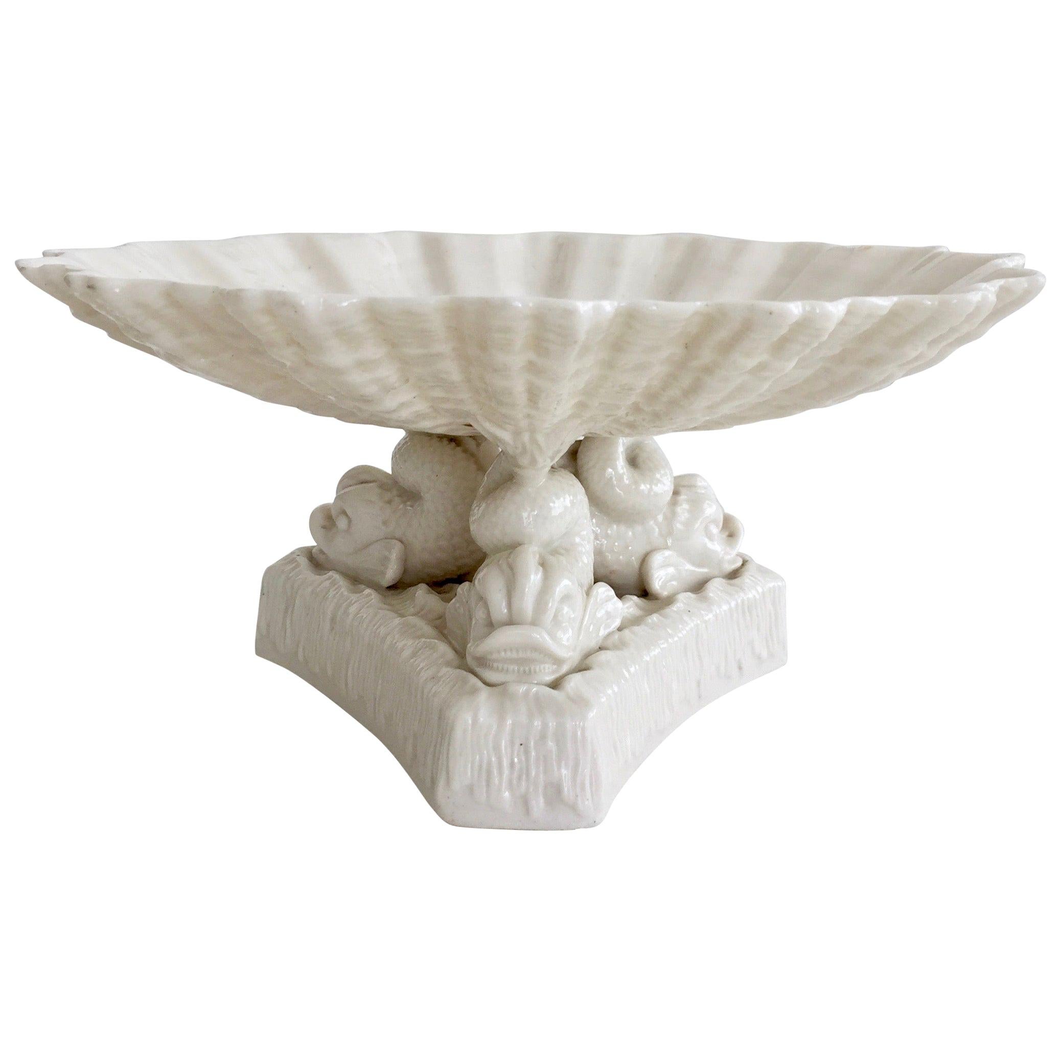 Belleek Comport, White Parian Porcelain on Dolphin Foot, Victorian, 1863-1891