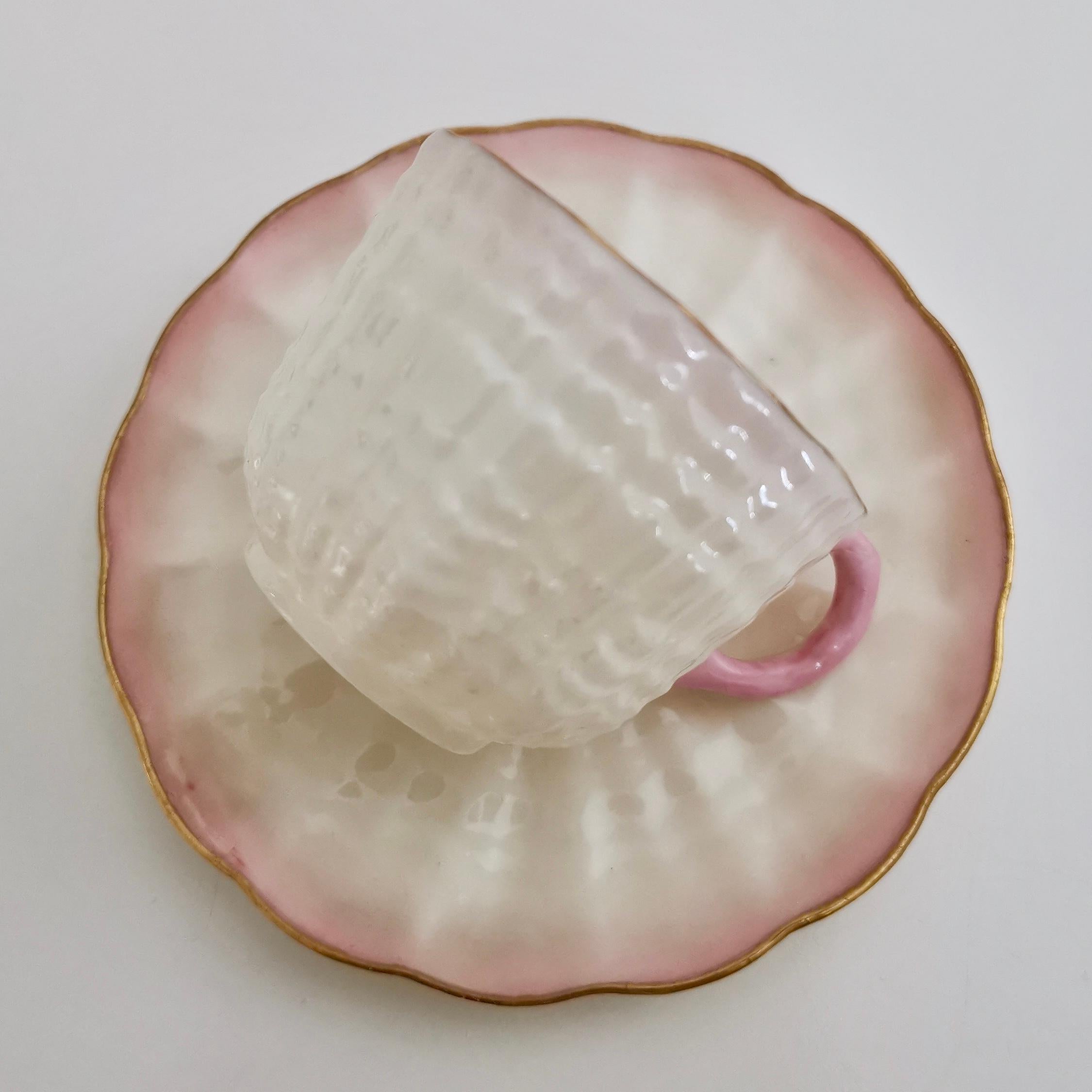 Northern Irish Belleek Porcelain Demitasse Cup, Soft Pink Tridacna, Victorian 1891-1926