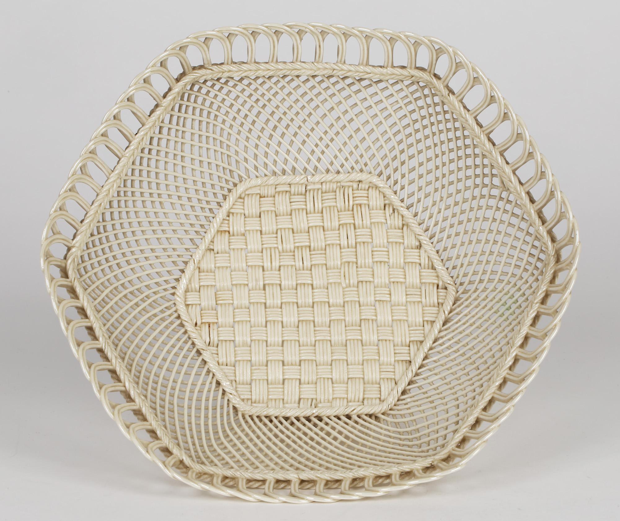 High Victorian Belleek Irish Antique Porcelain Hexagonal Shaped Lustre Glazed Basket For Sale