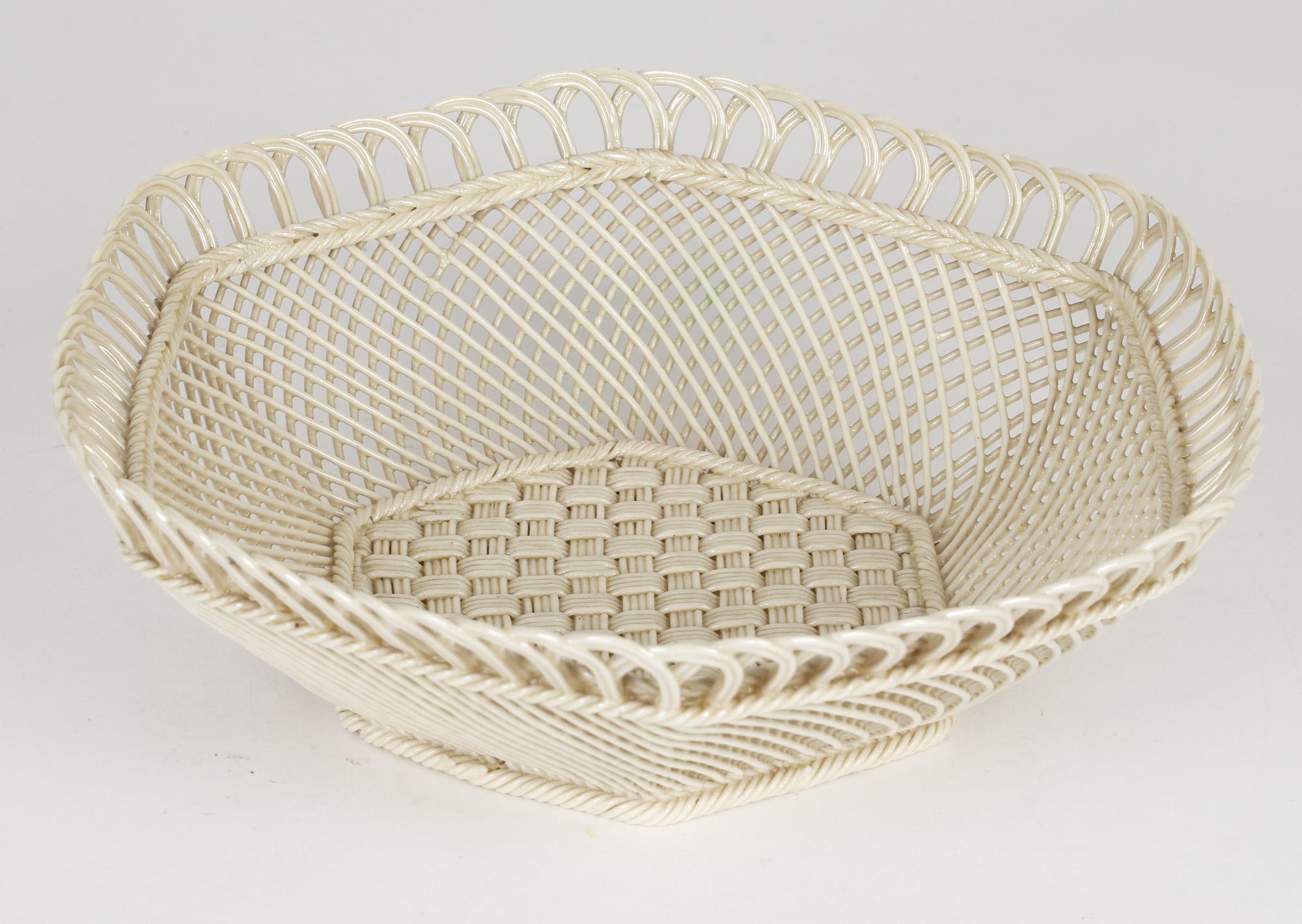 Belleek Irish Antique Porcelain Hexagonal Shaped Lustre Glazed Basket For Sale 3