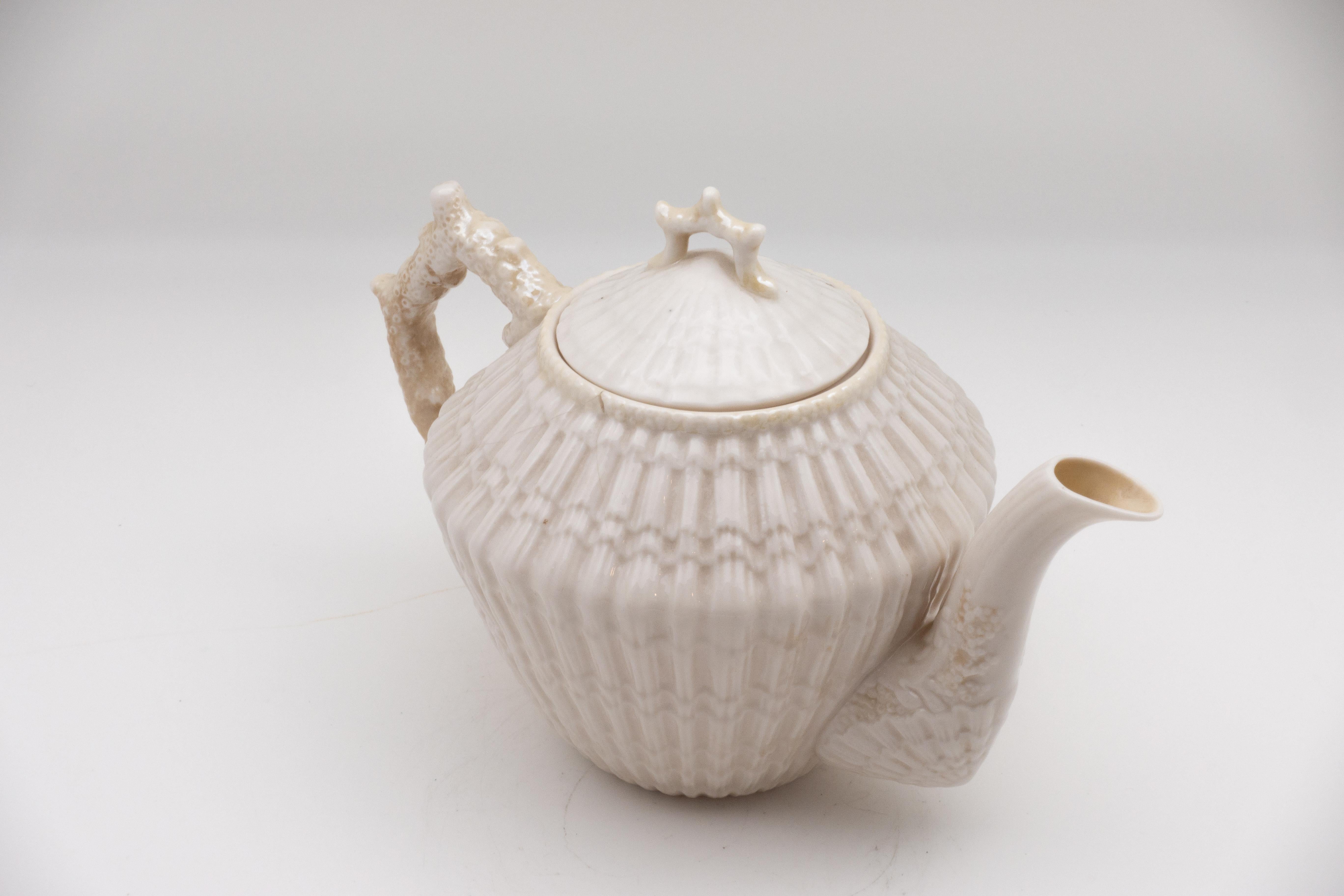 Vintage Belleek conical teapot/kettle with limpet pattern. 4th green mark on base (1946-1955).