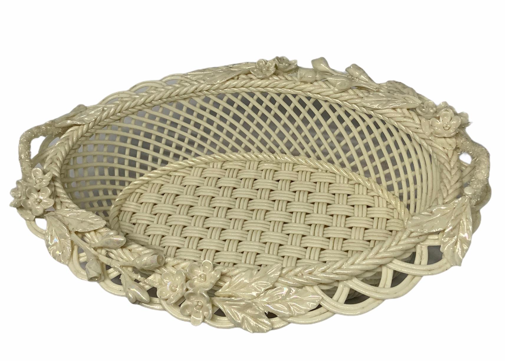 Arts and Crafts Belleek Pearly Paria Porcelain Woven Basket
