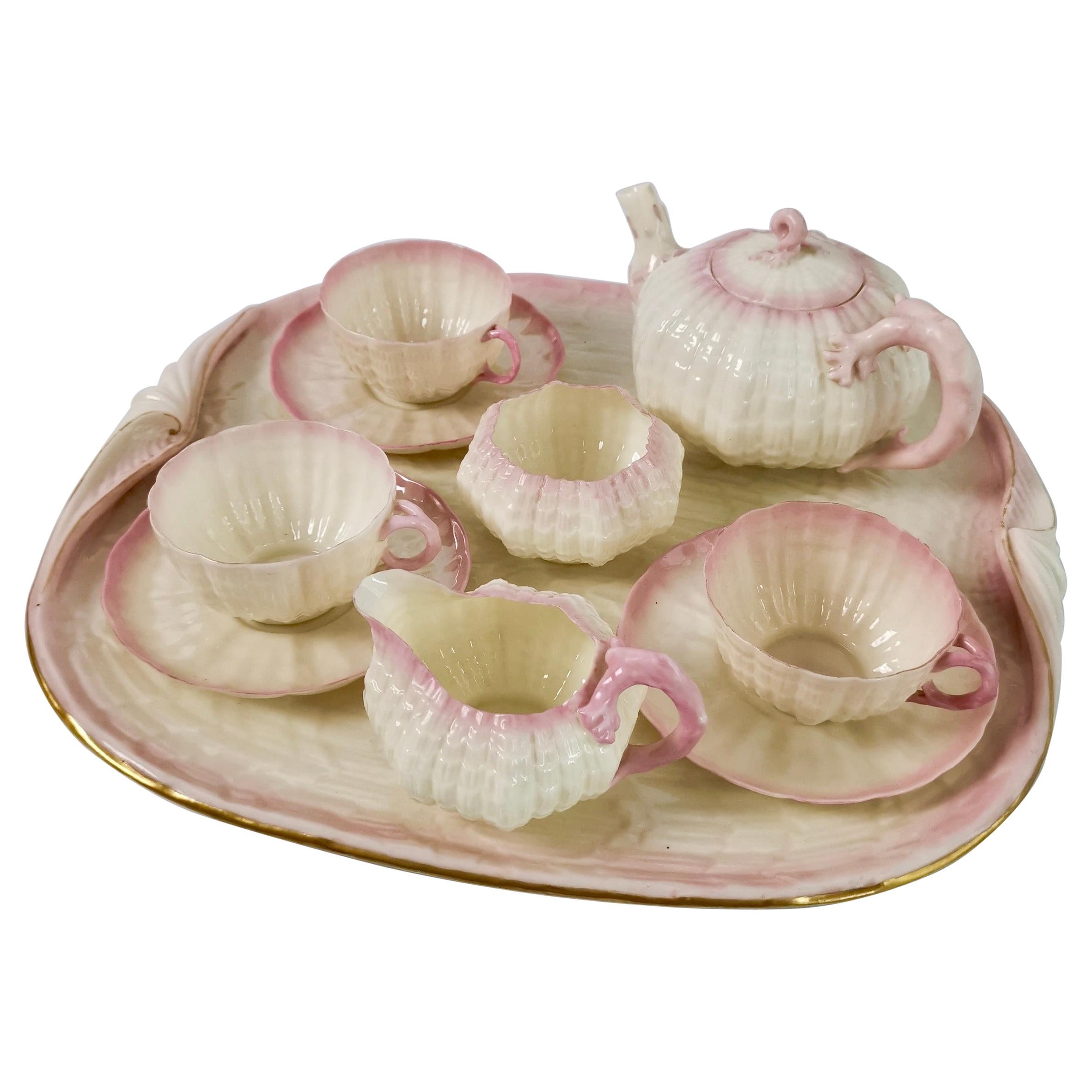Belleek Porcelain Cabaret Tea Set, Pink Tridacna Shell, Victorian 1891-1926