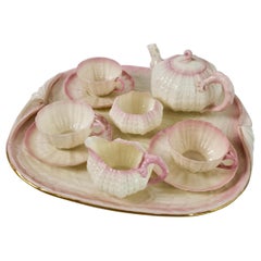 Antique Belleek Porcelain Cabaret Tea Set, Pink Tridacna Shell, Victorian 1891-1926
