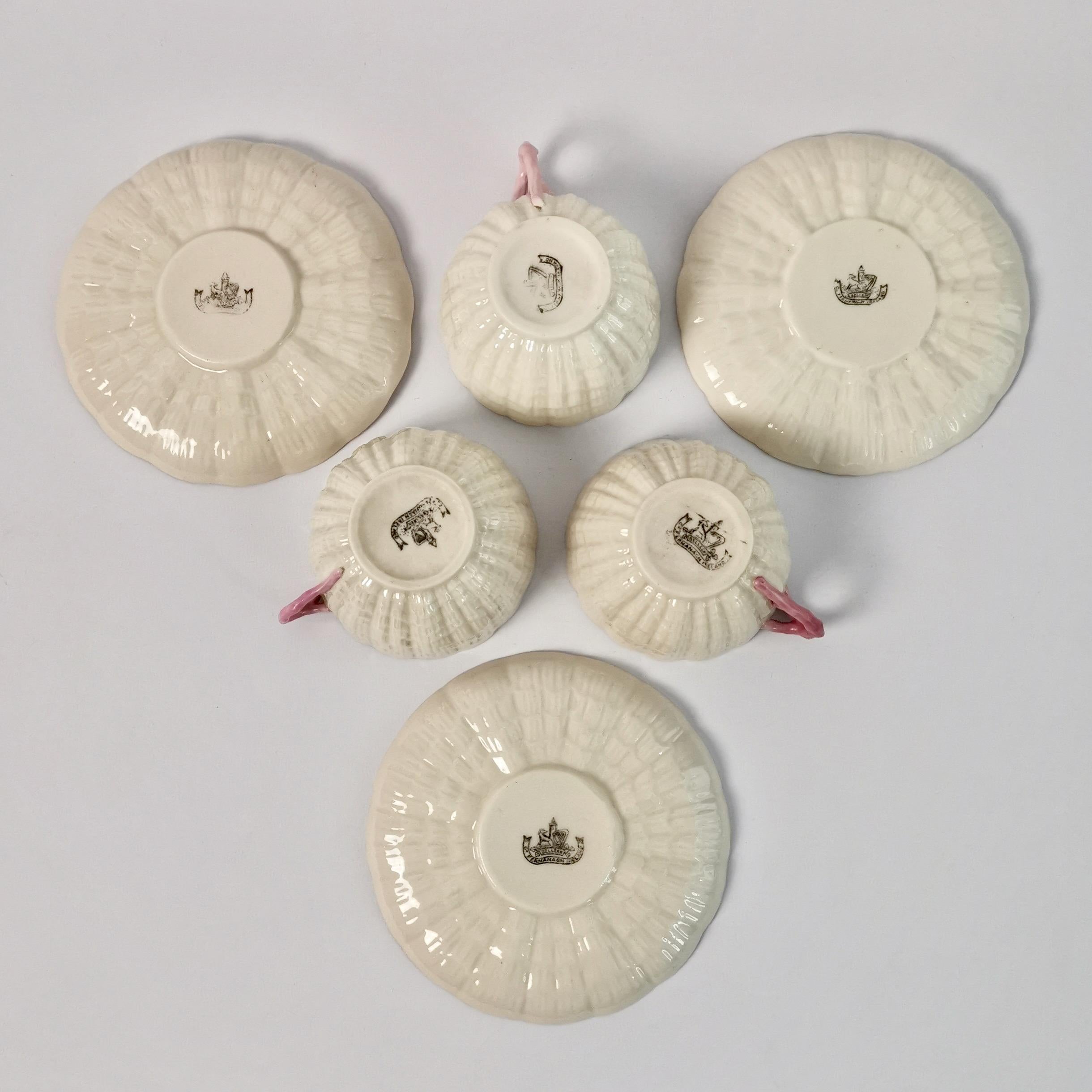 Belleek Porcelain Cabaret Tea Set, Pink Tridacna Shell, Victorian 1891-1926 8