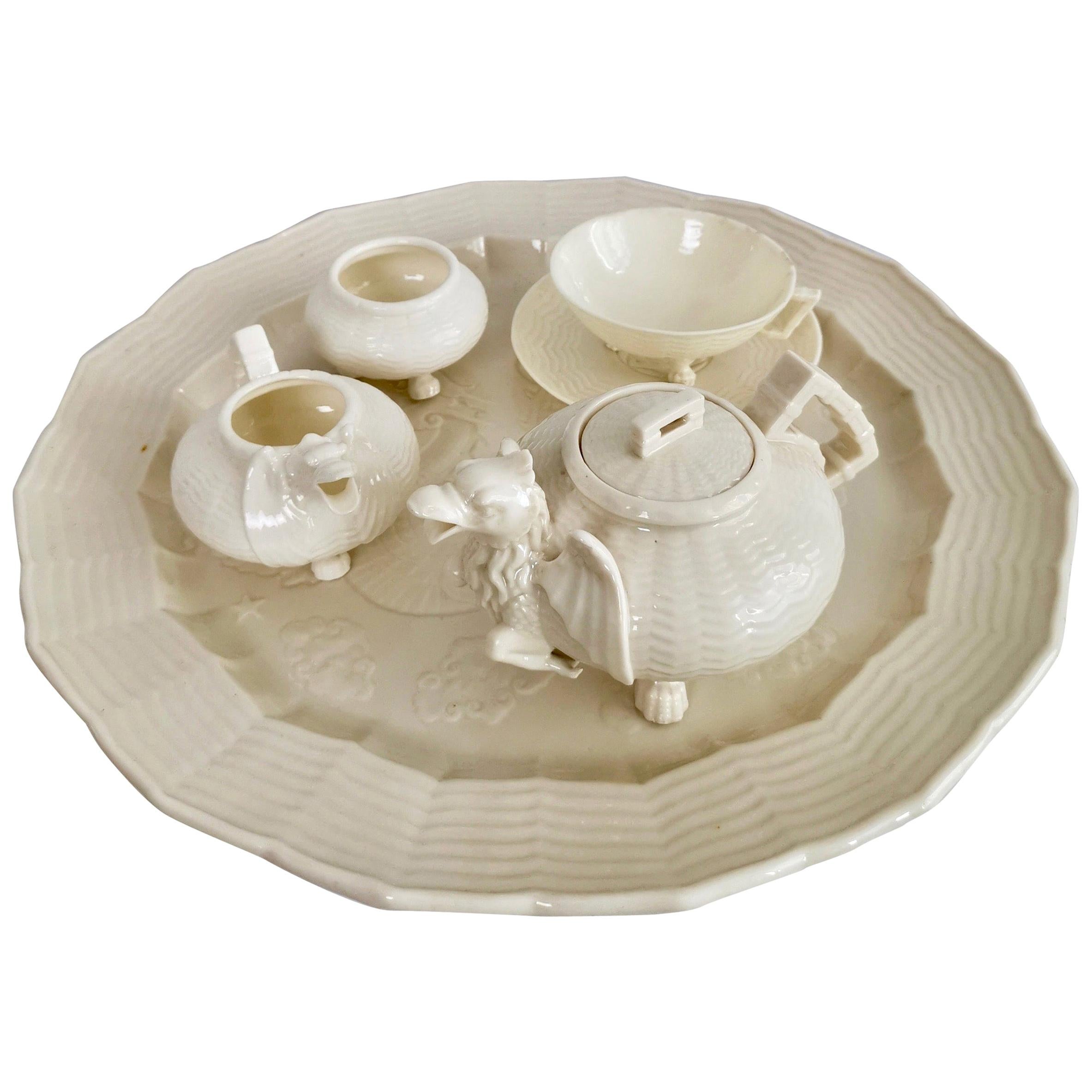 Belleek Porcelain Cabaret Tea Set, White, Japonism Dragon, Victorian, 1863-1891