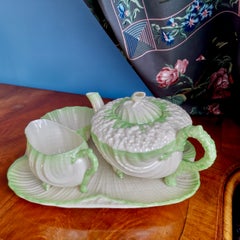 Belleek Porcelain Cabaret Teapot Set, Green Neptune, Victorian, 1891-1926