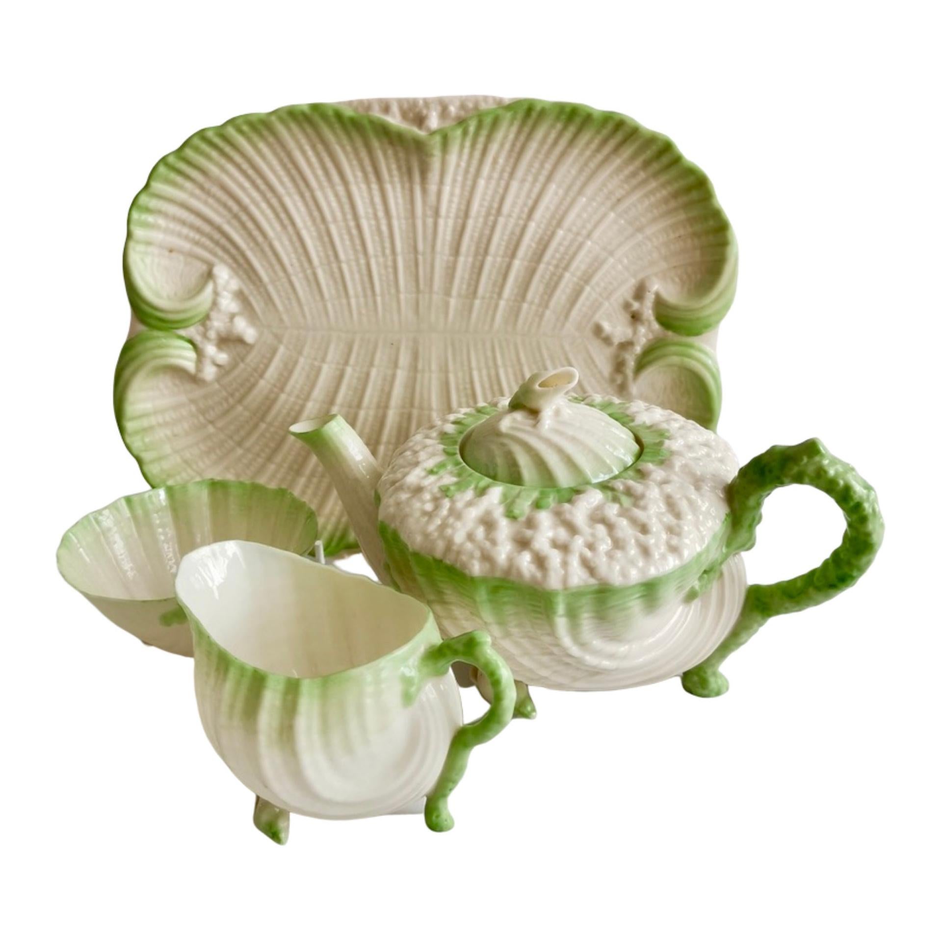 Belleek Porcelain Cabaret Teapot Set, Green Neptune, Victorian, 1891-1926
