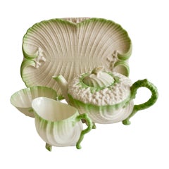 Belleek Porzellan-Kabarett-Teekannen-Set:: Grüner Neptun:: viktorianisch:: 1891-1926