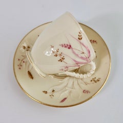 Belleek Porcelain Cup and Saucer, Grass Pattern, Victorian 1863-1891