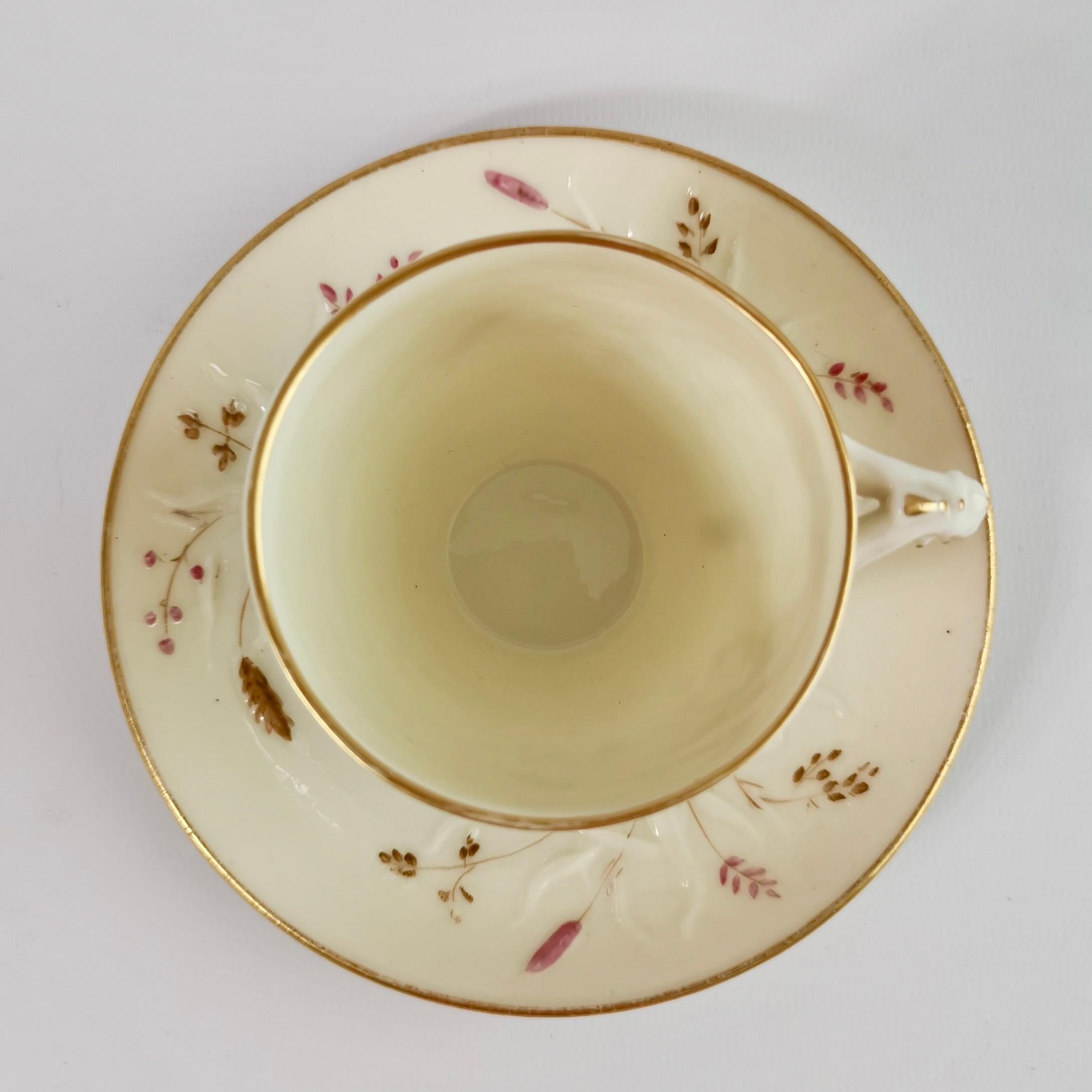 Hand-Painted Belleek Porcelain Cup and Saucer, Grass Pattern, Victorian 1863-1891