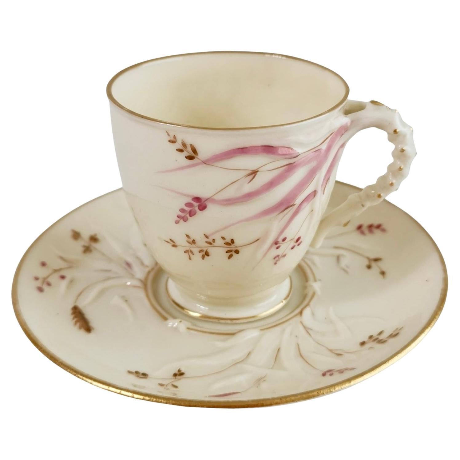 Belleek Porcelain Cup and Saucer, Grass Pattern, Victorian 1863-1891