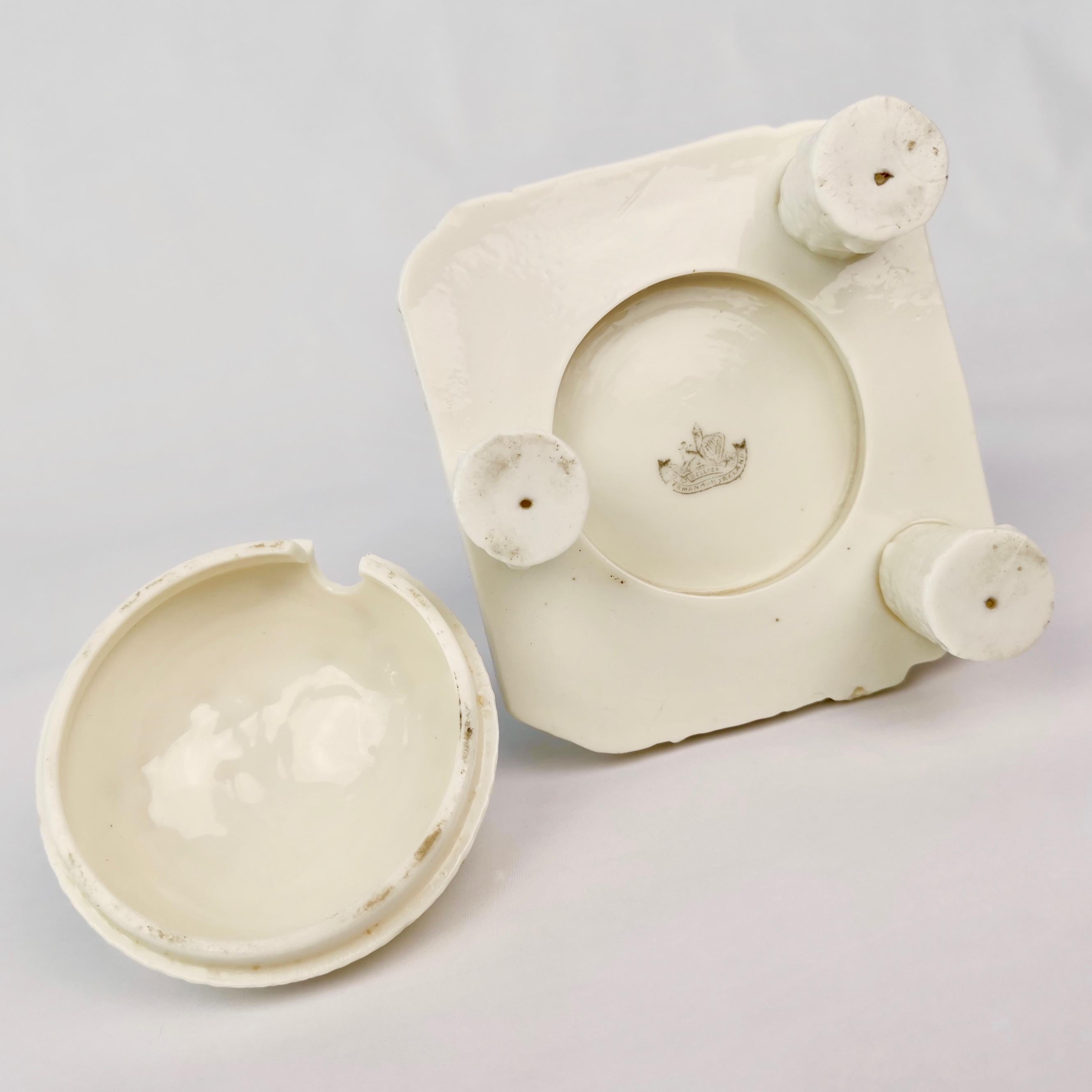 Belleek Porcelain Honey Pot with Cover, Shamrocks, Bees, 1891-1926 2