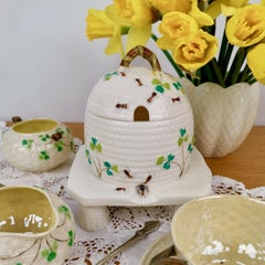 Belleek Porcelain Honey Pot with Cover, Shamrocks, Bees, 1891-1926