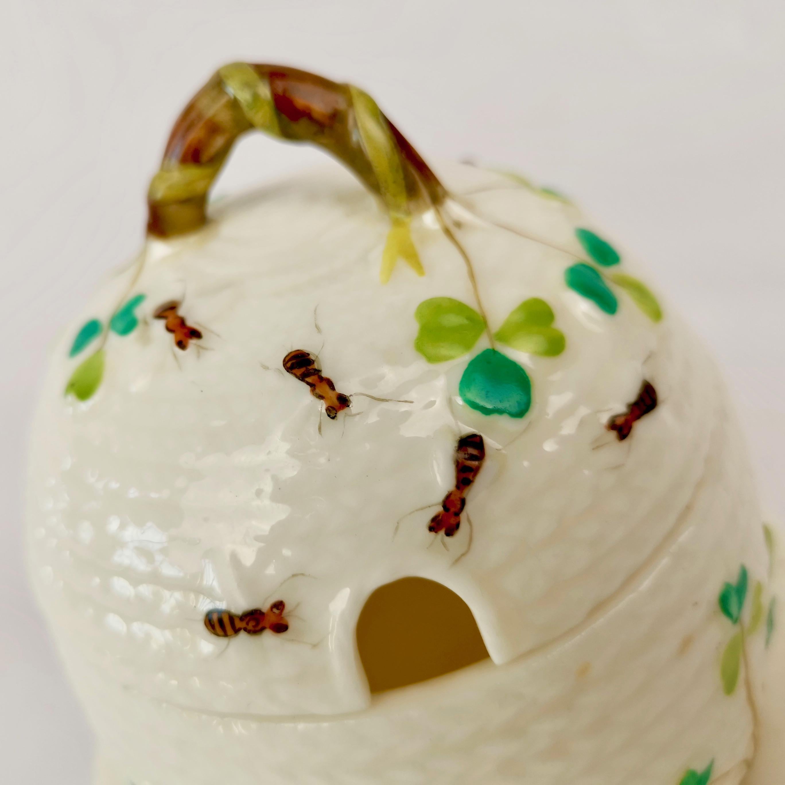Northern Irish Belleek Porcelain Honey Pot with Cover, Shamrocks, Bees, 1891-1926
