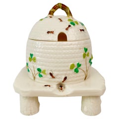 Antique Belleek Porcelain Honey Pot with Cover, Shamrocks, Bees, 1891-1926