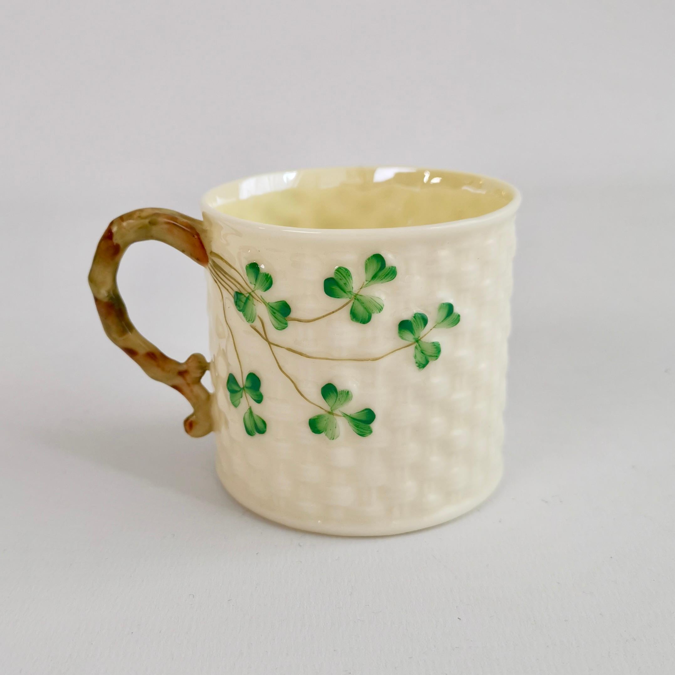 Arts and Crafts Belleek Small Porcelain Mug, Cream and Green Shamrock Pattern, 1926-1946