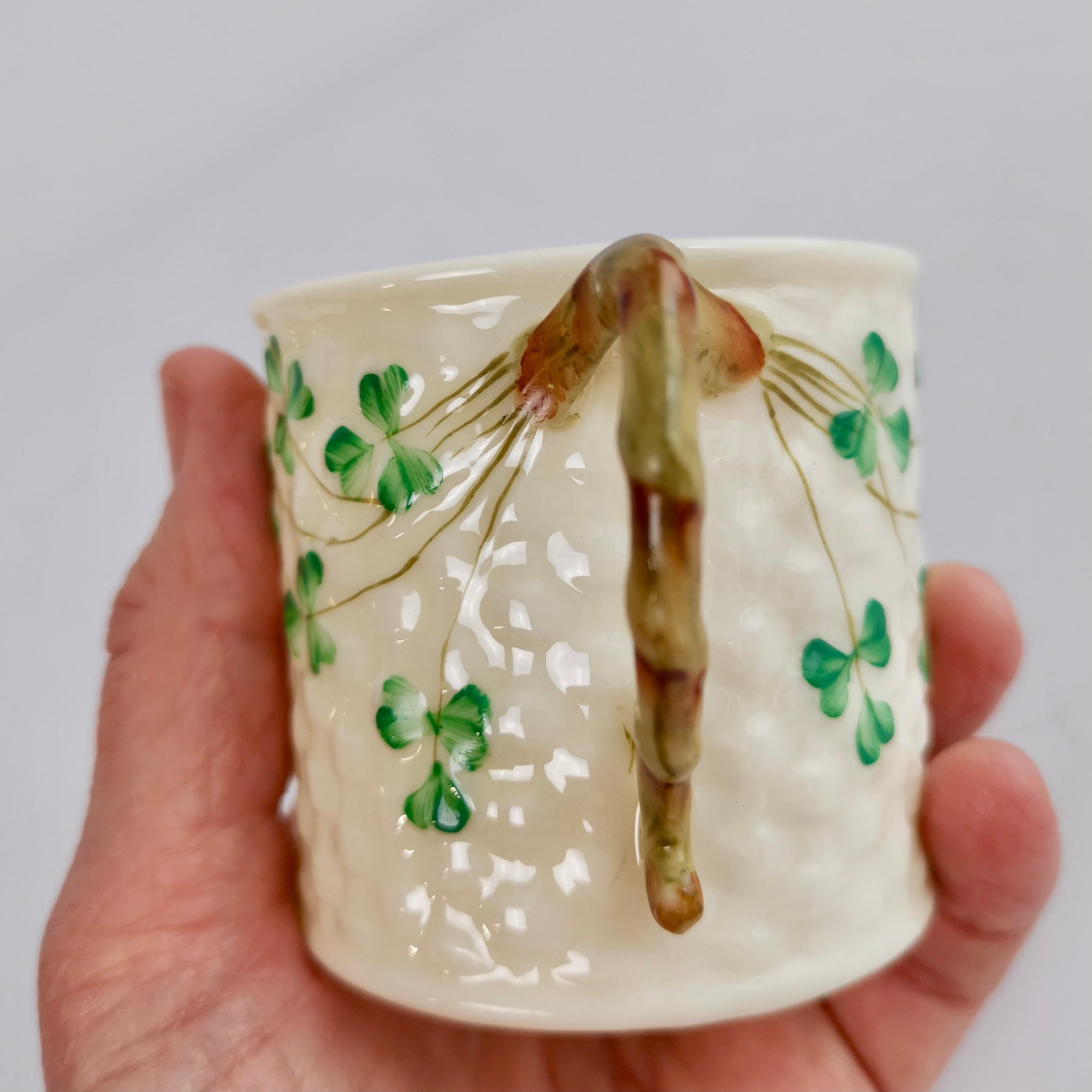 Hand-Painted Belleek Small Porcelain Mug, Cream and Green Shamrock Pattern, 1926-1946