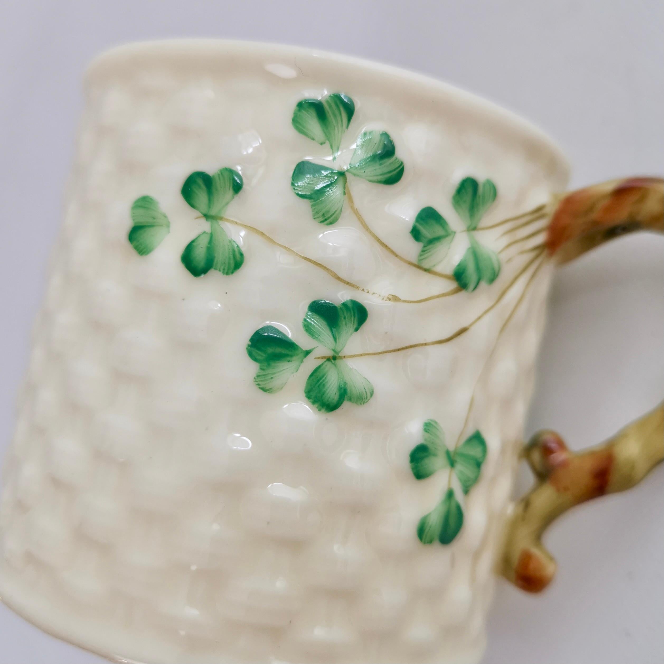 Belleek Small Porcelain Mug, Cream and Green Shamrock Pattern, 1926-1946 In Good Condition In London, GB