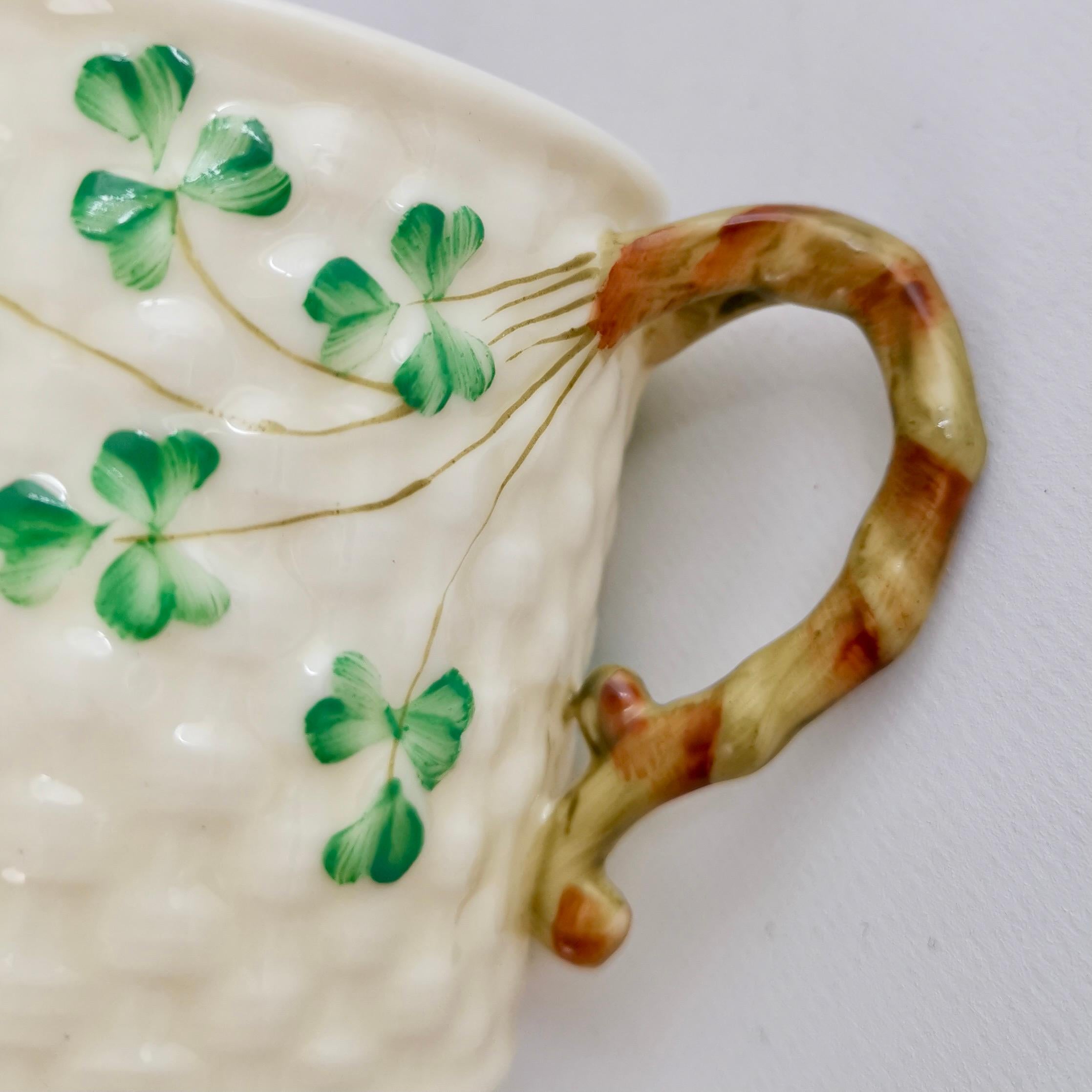 20th Century Belleek Small Porcelain Mug, Cream and Green Shamrock Pattern, 1926-1946