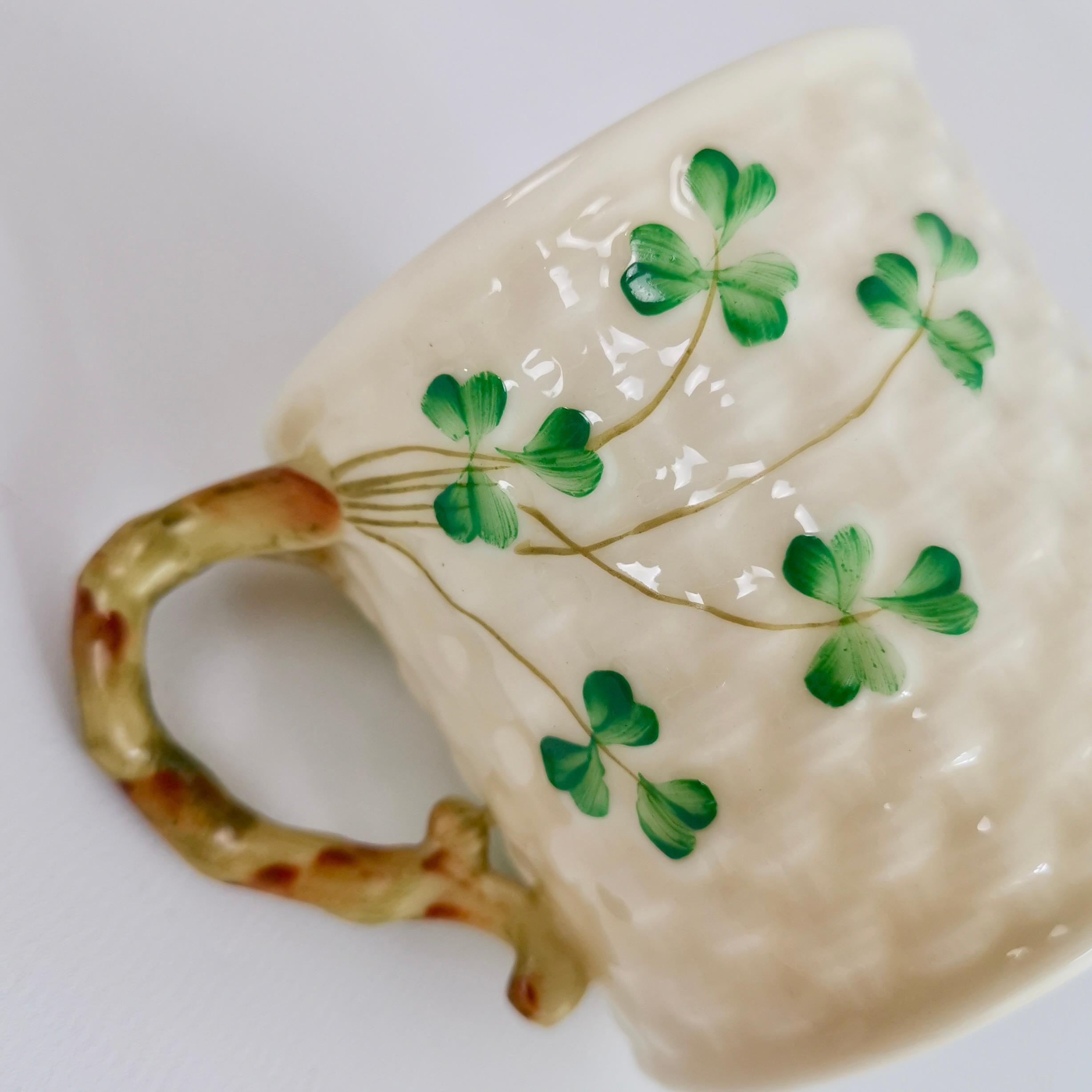 Belleek Small Porcelain Mug, Cream and Green Shamrock Pattern, 1926-1946 2