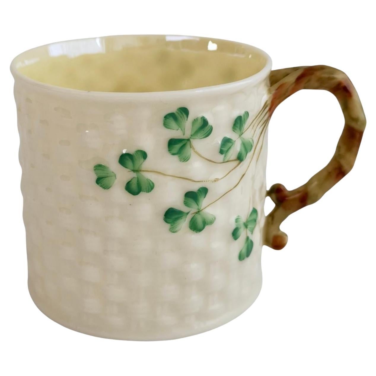 Belleek Small Porcelain Mug, Cream and Green Shamrock Pattern, 1926-1946