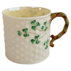 Antique Belleek Small Porcelain Mug, Cream and Green Shamrock Pattern, 1926-1946