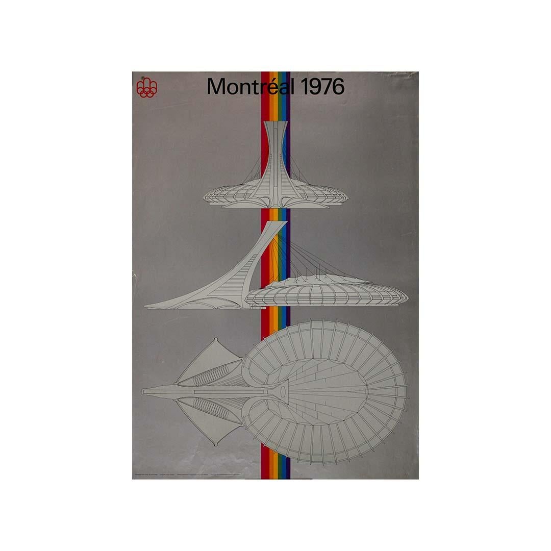 This striking 1972 original poster by Bellemare & Pelletier was designed in anticipation of the 1976 Summer Olympics in Montréal, Canada. The artwork showcases the architectural blueprints of the iconic Olympic Stadium, designed by French architect