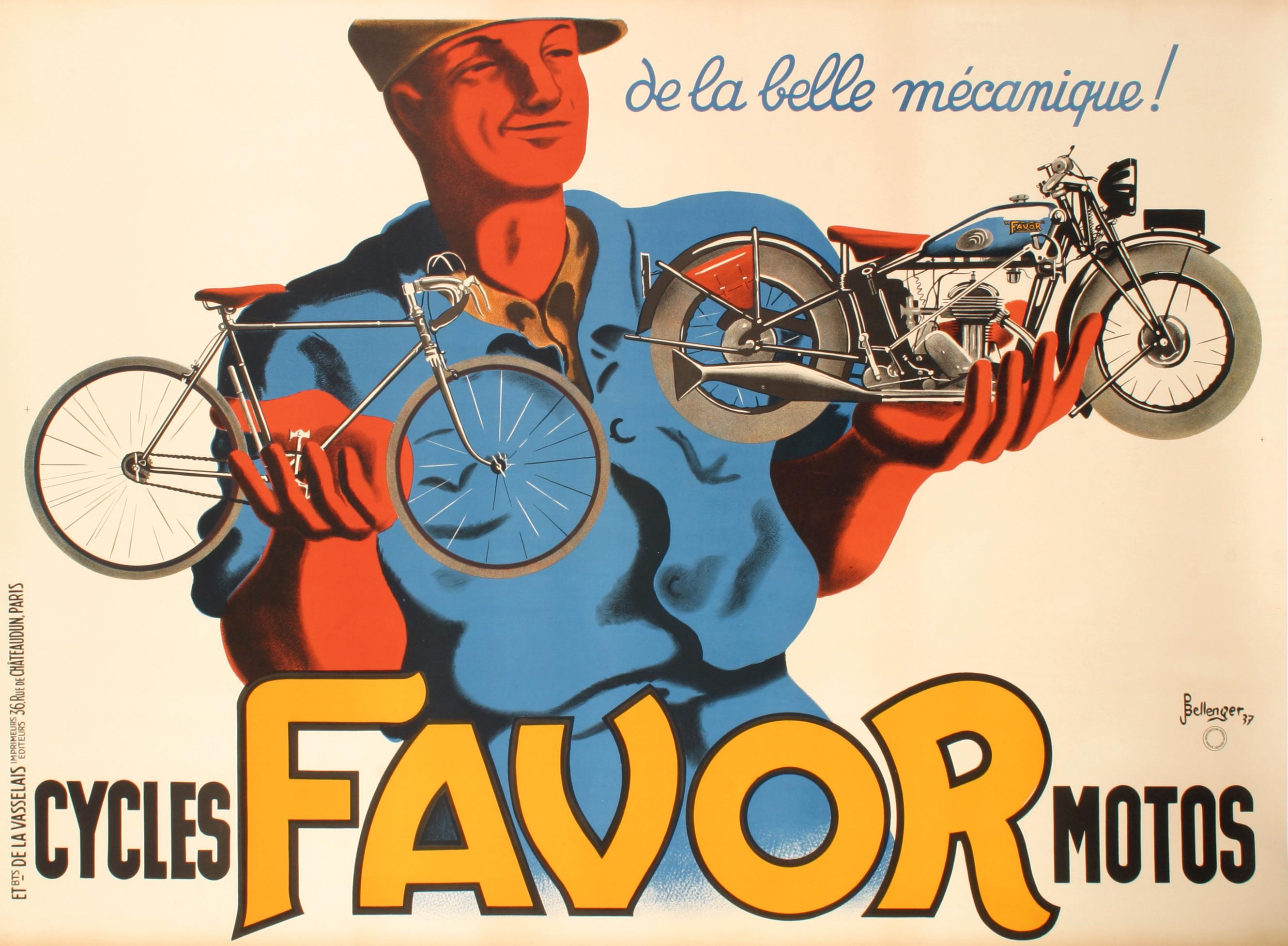 French Bellenger, Original Art Deco Motorcycle Poster, Favor Bicycle, Mechanic, 1937 For Sale