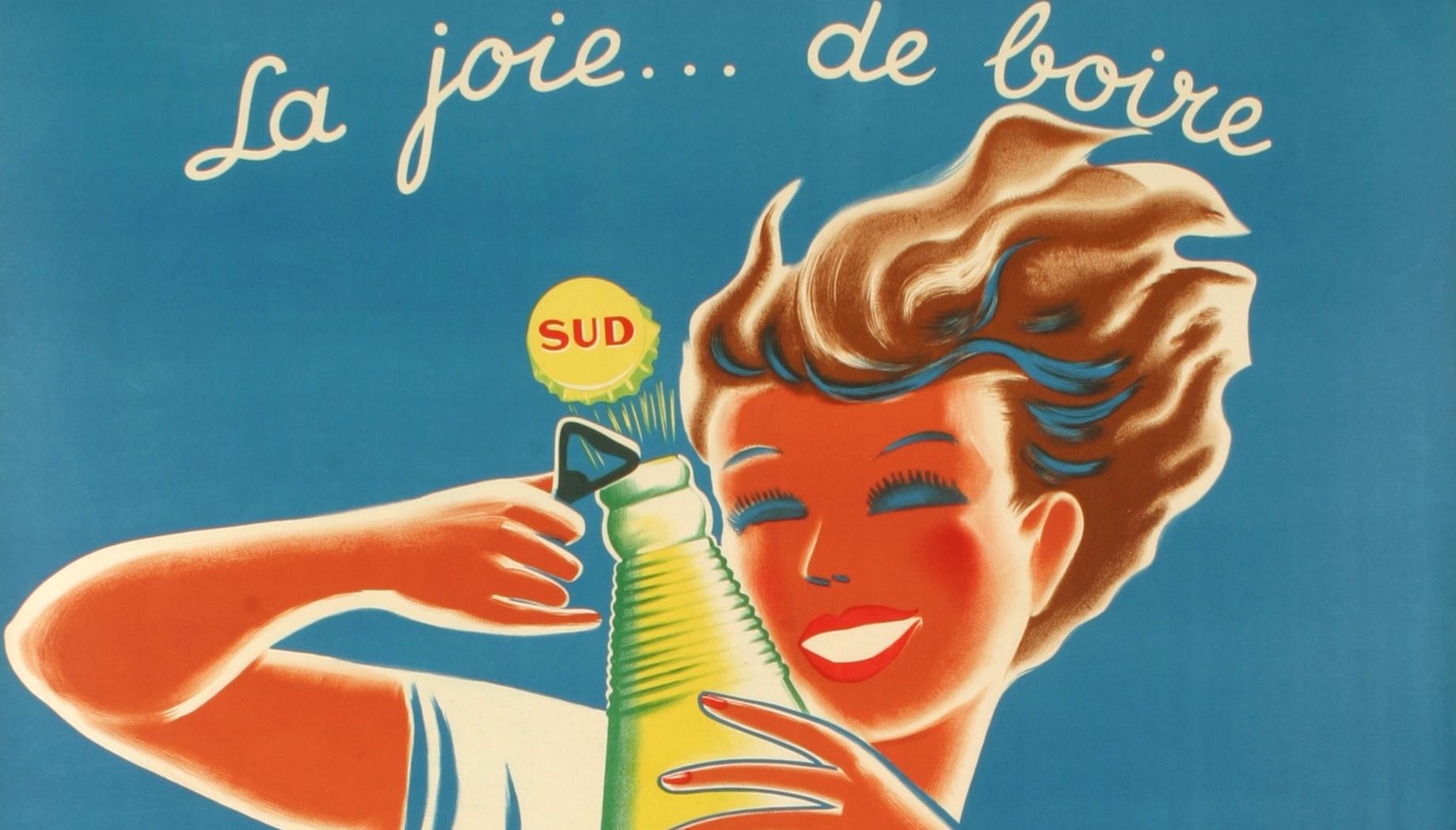 Es handelt sich um ein Werbeplakat für die Erfrischungsgetränkemarke SUD, das von den Brüdern Bellenger um 1950 entworfen wurde. 

Künstler: Bellenger Jacques und Pierre
Titel : Sud
Datum: ca. 1950
Größe: 47,3 x 61 Zoll / 115 x 155 cm
Druckerei :