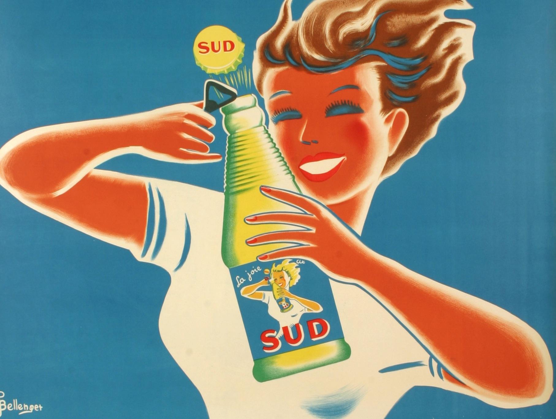 Bellenger, Originalplakat, SUD Beverage, funkelndes Wasser, Flaschenöffner, 1950 (Französisch) im Angebot