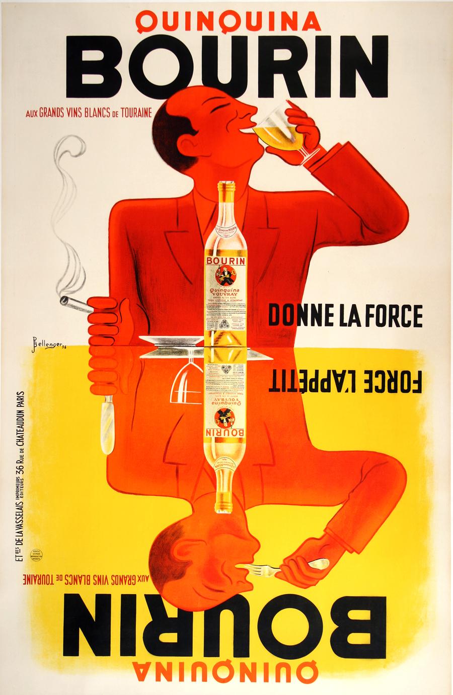 Jacques y Pierre Bellenger diseñaron este original cartel de época en 1936. Esta ingeniosa imagen muestra que la Quinquina Bourin es la bebida versátil perfecta que puede disfrutarse como aperitivo, mientras se cena y como digestivo. Cuélgalo con el