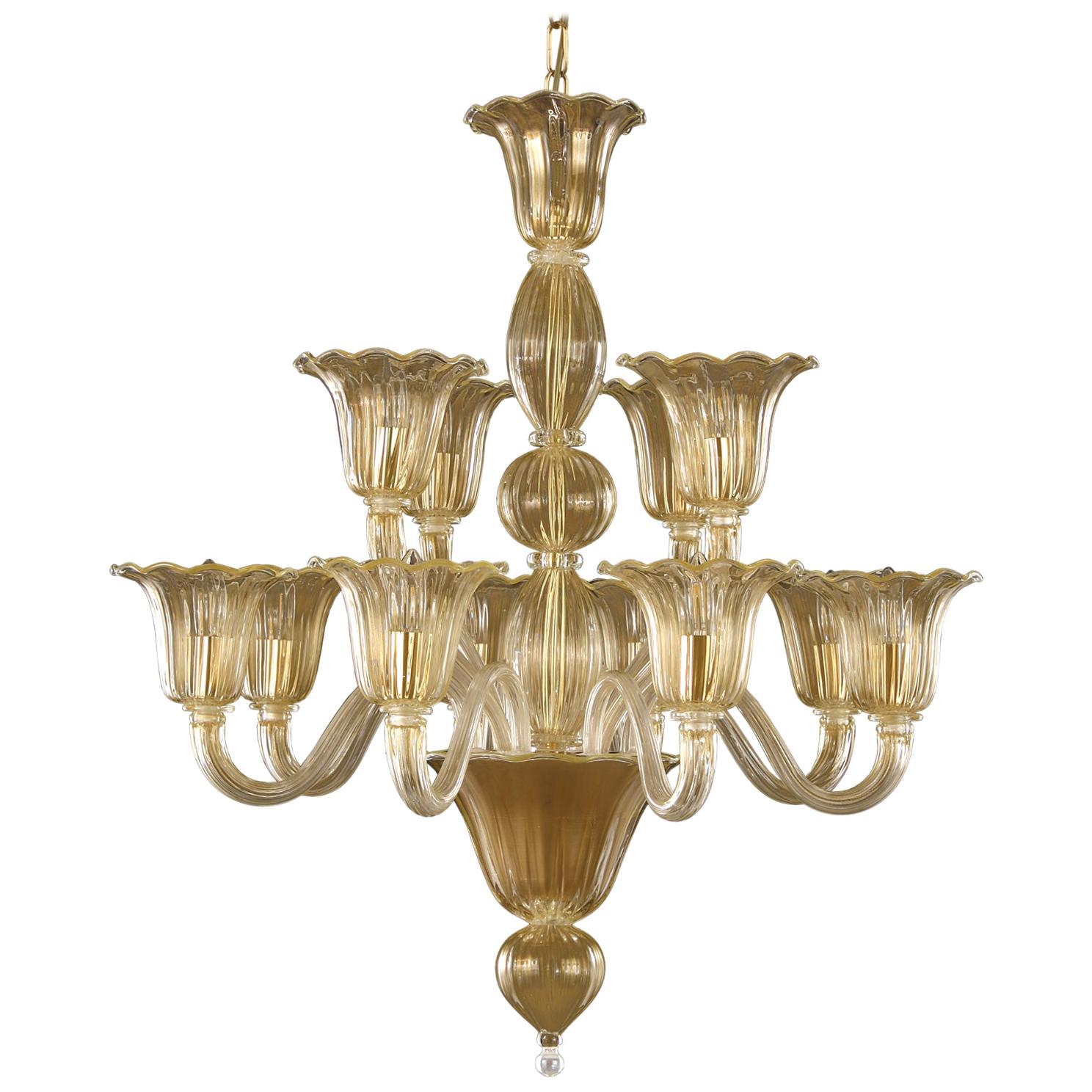 Artistic Chandelier 12arms golden leaf Murano Glass by Multiforme in stock For Sale