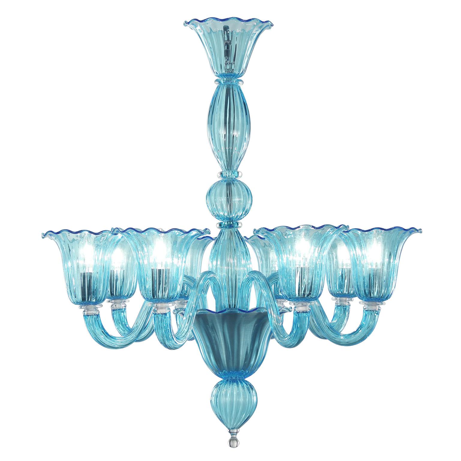 Bellepoque chandelier 8 lights, aquamarine color Murano glass upward lights by Multiforme.

Bellepoque 364 from the Timeless collection is a chandelier that evokes the atmosphere of the beginning of the 19th century. The cups recall floral elements,