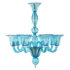 Lampadario del XXI secolo a 8 bracci, vetro di Murano Rigadin Acquamarina di Multiforme