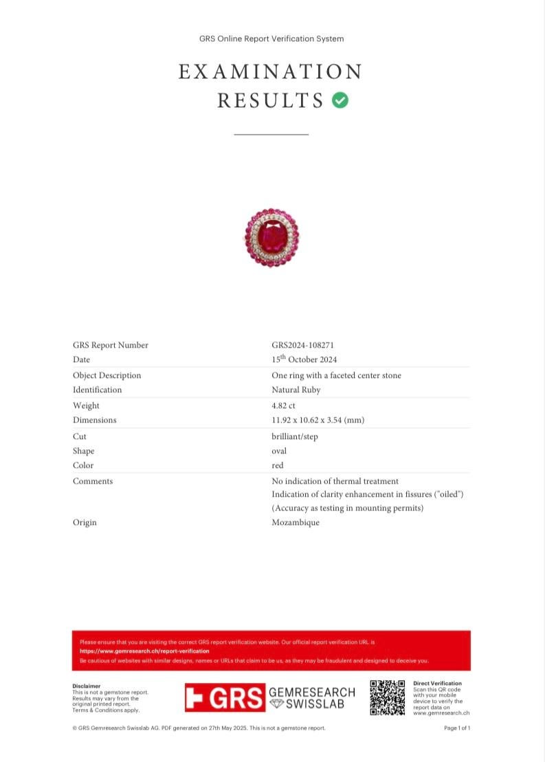 Anello con rubino e diamante non riscaldato del Mozambico certificato GRS da 4,828 carati in vendita 2