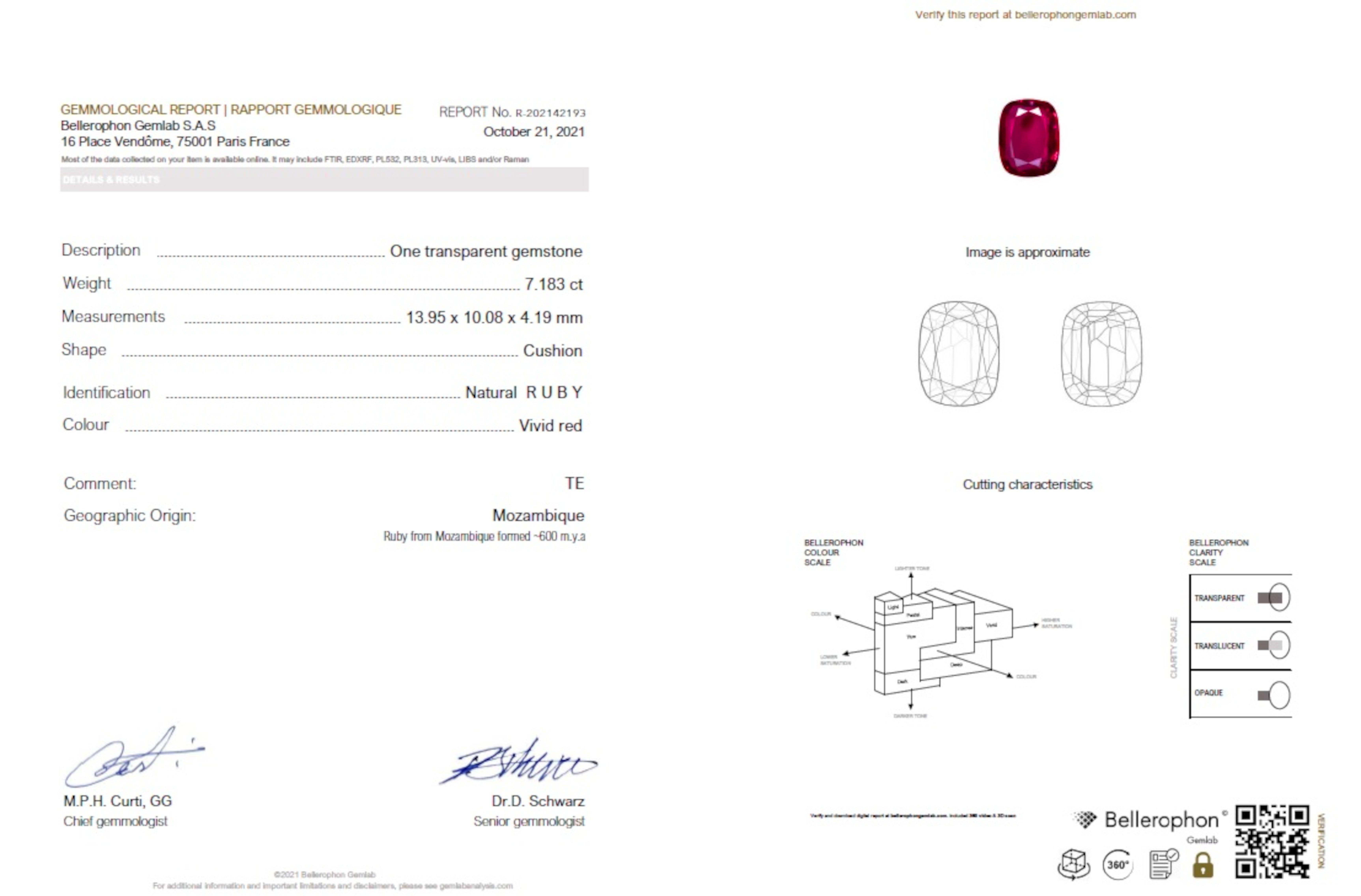 BELLEROPHON 7,00 Karat zertifizierter Mosambik-Rubin-Schmuckring (Kissenschliff) im Angebot