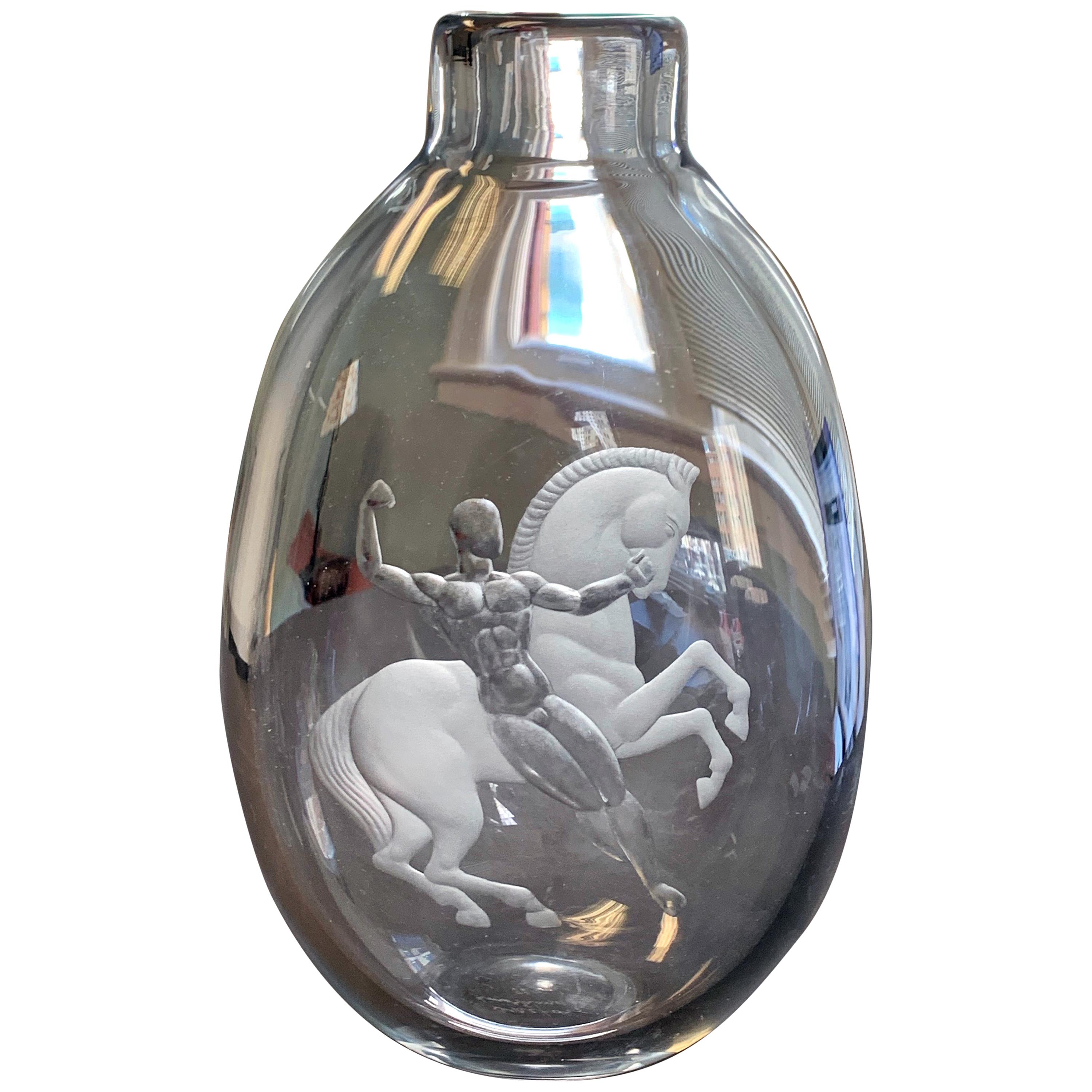 "Bellerophon and Pegasus, " Rare Art Deco Vase with Nude Male by Lindstrand