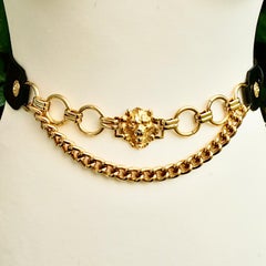 Bellesco Black Leather Belt with Gold Plated Lion Chain Decoration circa 1980s
