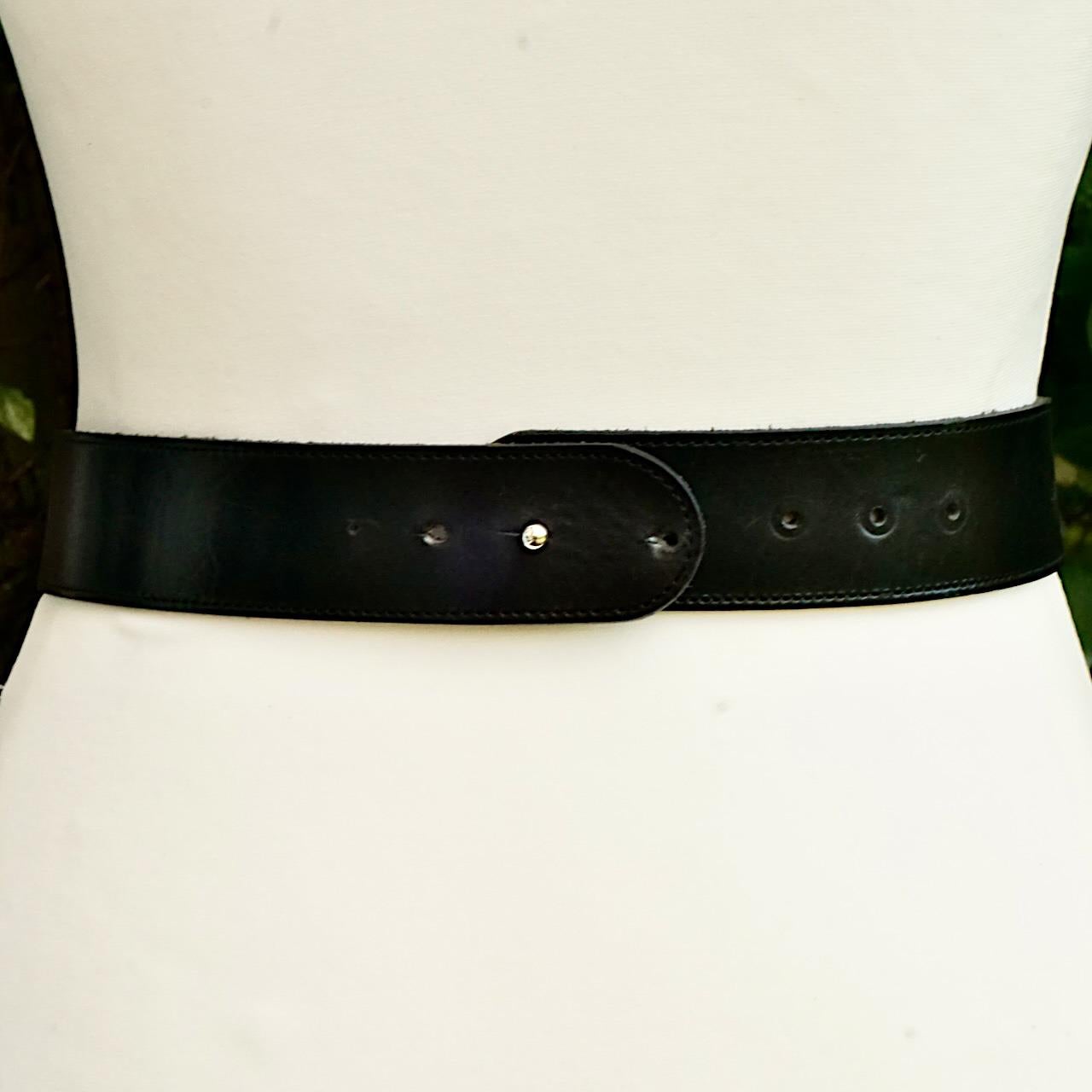 Women's or Men's Bellesco Black Leather Belt with Gold Plated Lion Chain Decoration circa 1980s