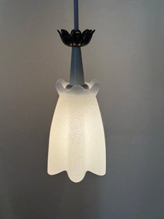 Bellflower Hanging Lamp made of Ice Glass and Brass, Italy 1950s