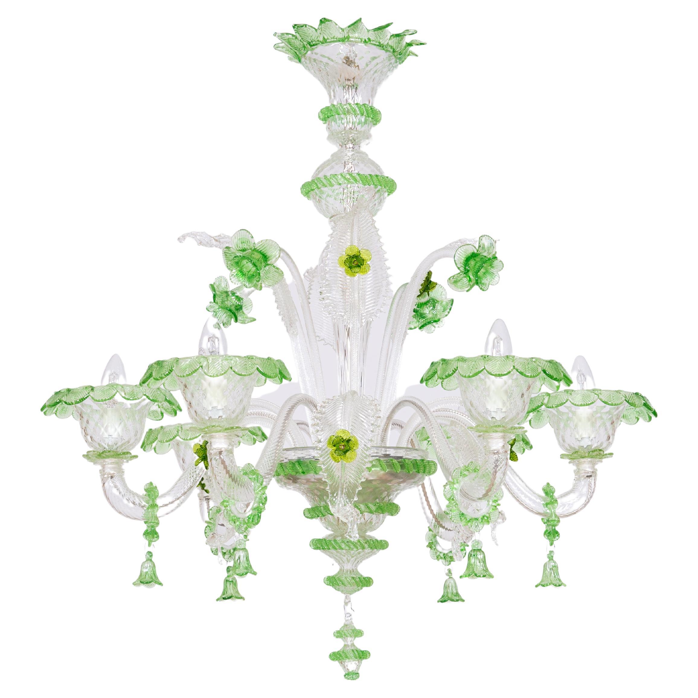 Bellflowers Rezzonico Chandelier in Green Murano Glass Venice Italy 21st century For Sale