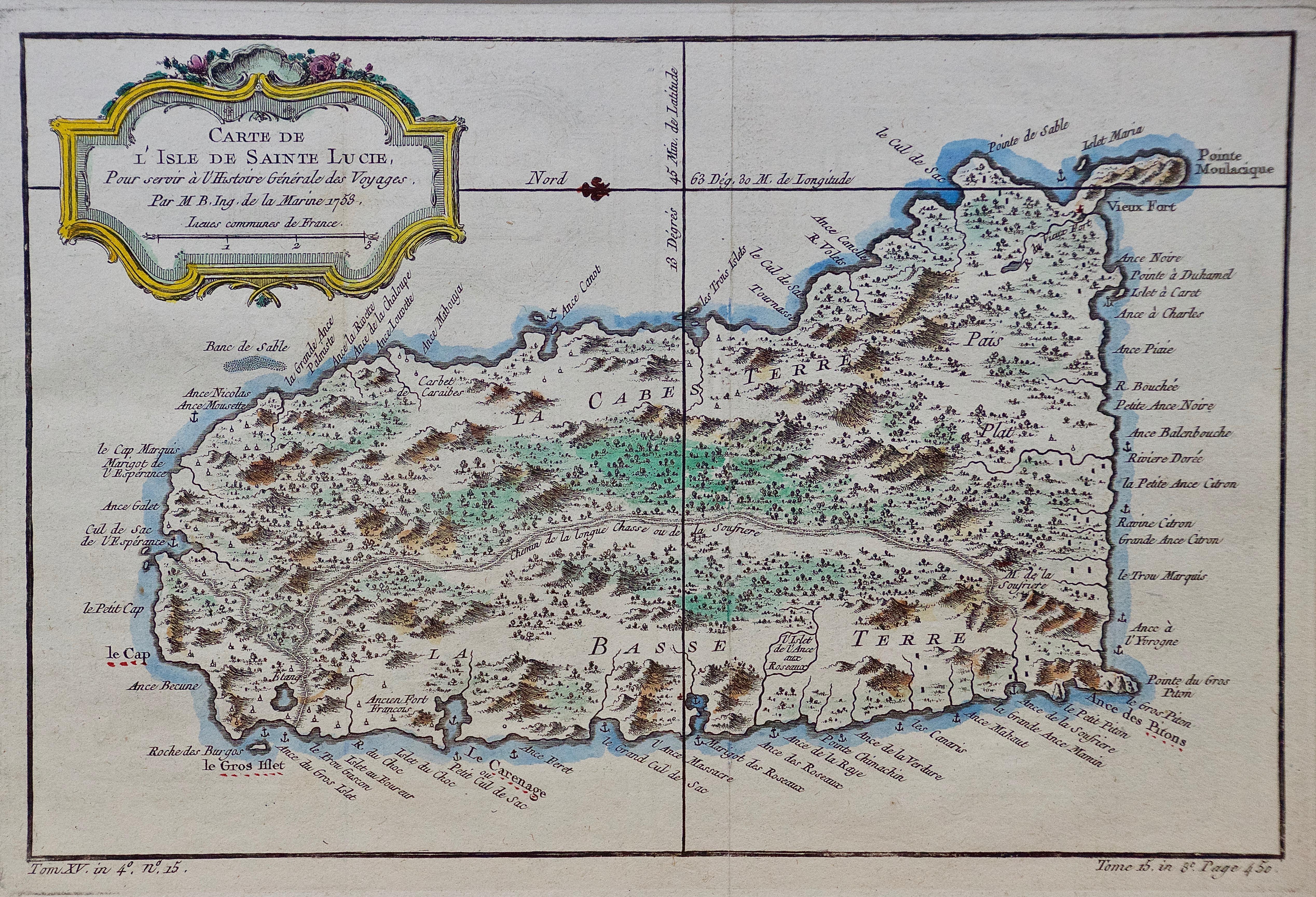 Jacques Bellin's map of the Caribbean island of Saint Lucia entitled 