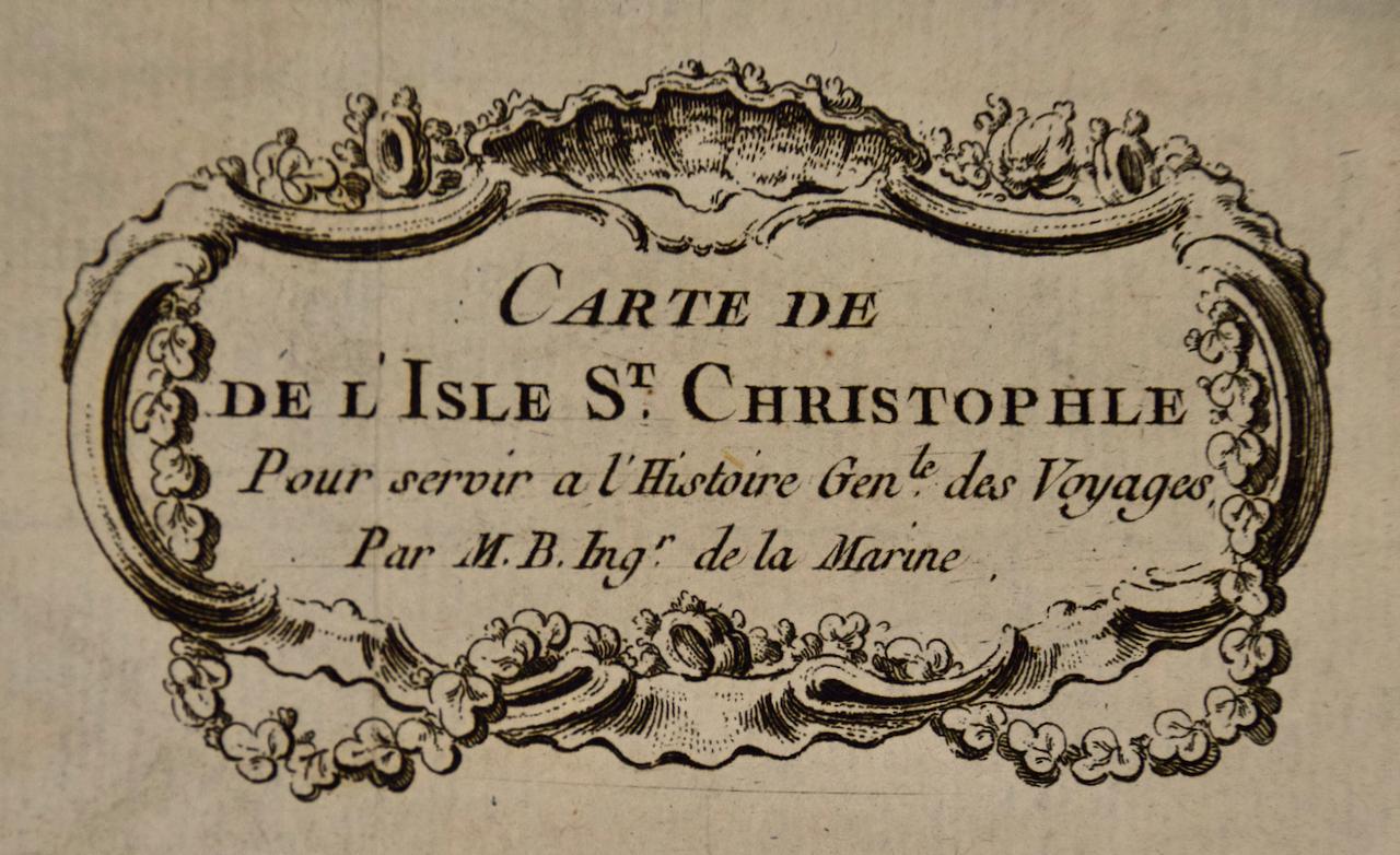 Français L'île St. Christophe « St. Kitts » : une carte colorée à la main du 18e siècle par Bellin en vente