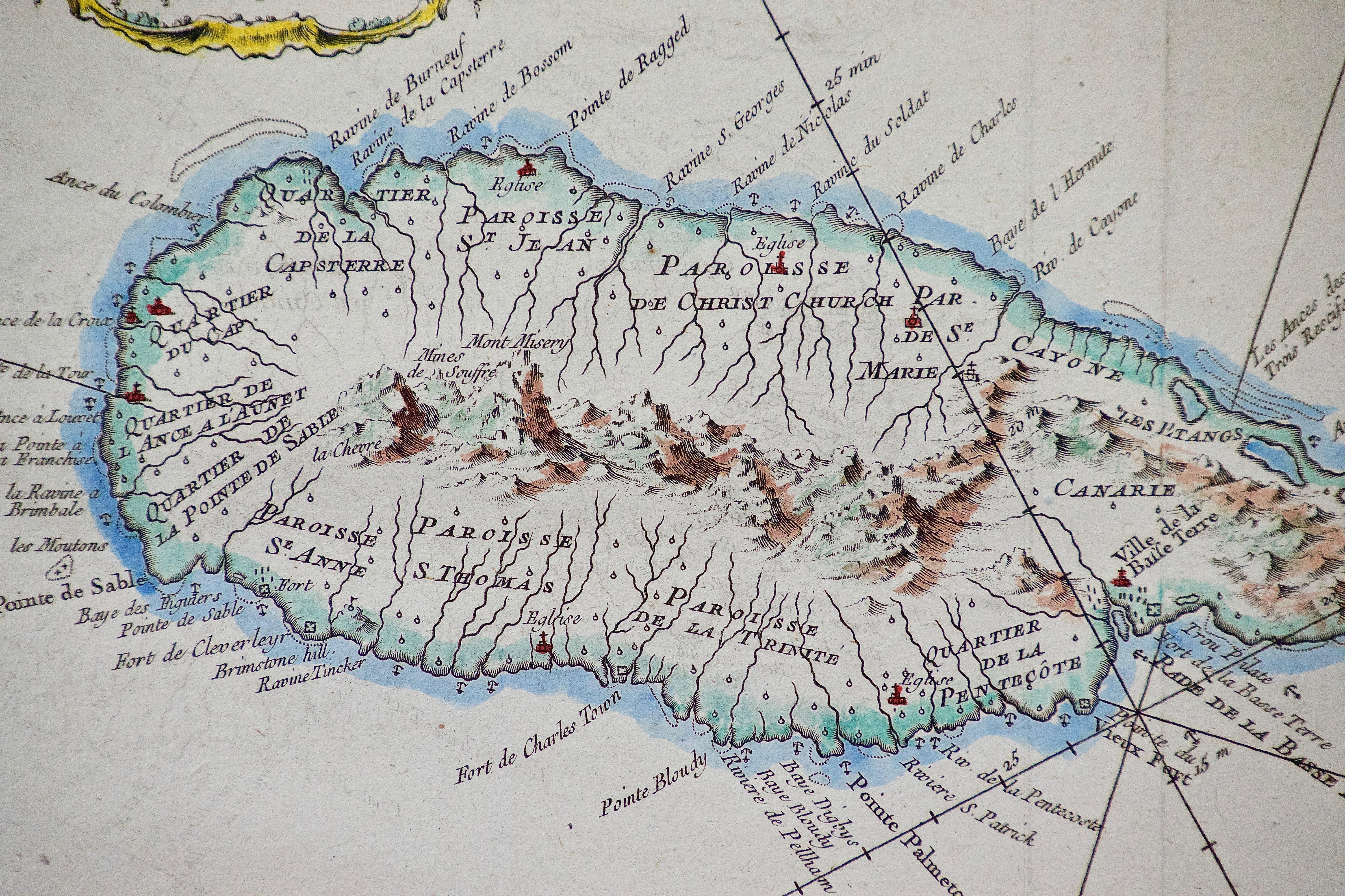 Engraved Bellin 18th Century Hand Colored Map of St. Christophe (St. Kitts)