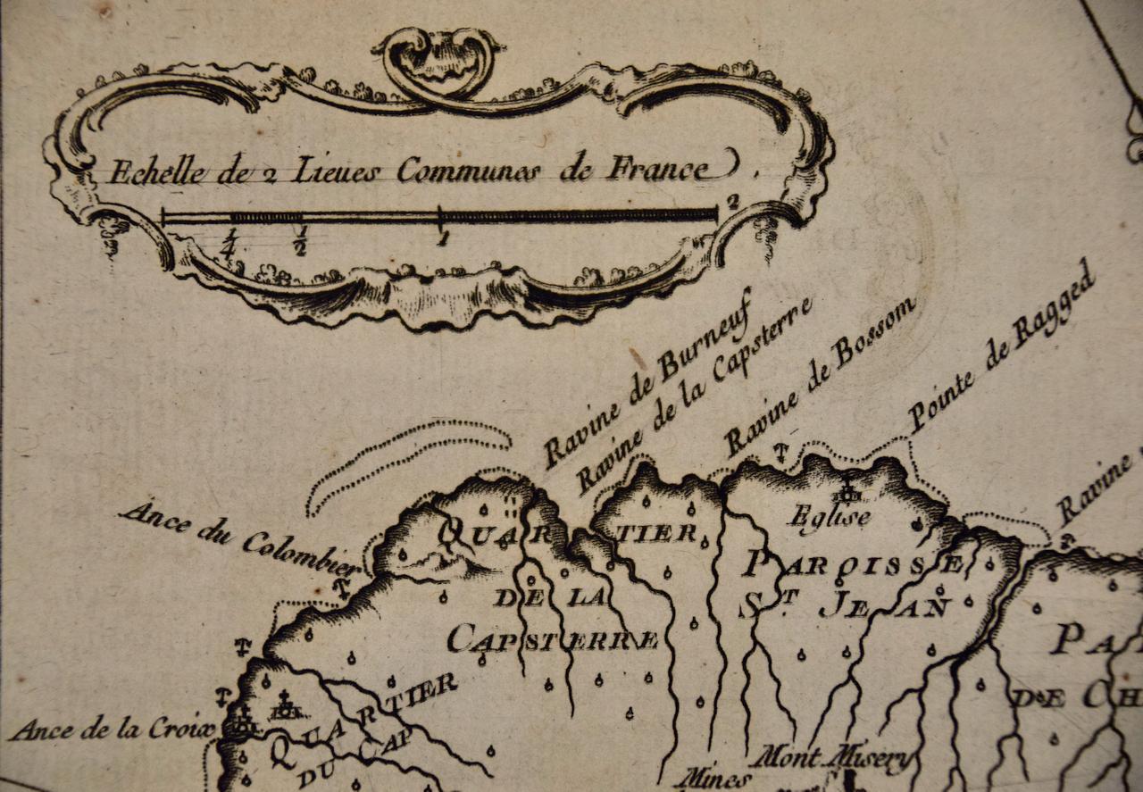 Gravé L'île St. Christophe « St. Kitts » : une carte colorée à la main du 18e siècle par Bellin en vente
