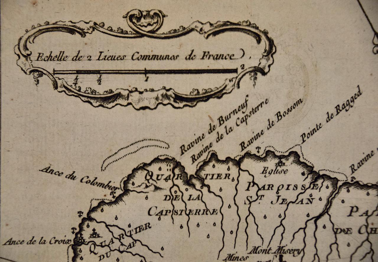 Français L'île St. Christophe « St. Kitts » : une carte colorée à la main du 18e siècle par Bellin en vente