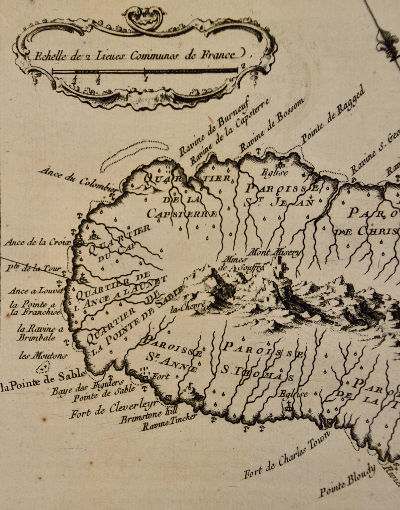 L'île St. Christophe « St. Kitts » : une carte colorée à la main du 18e siècle par Bellin Bon état - En vente à Alamo, CA