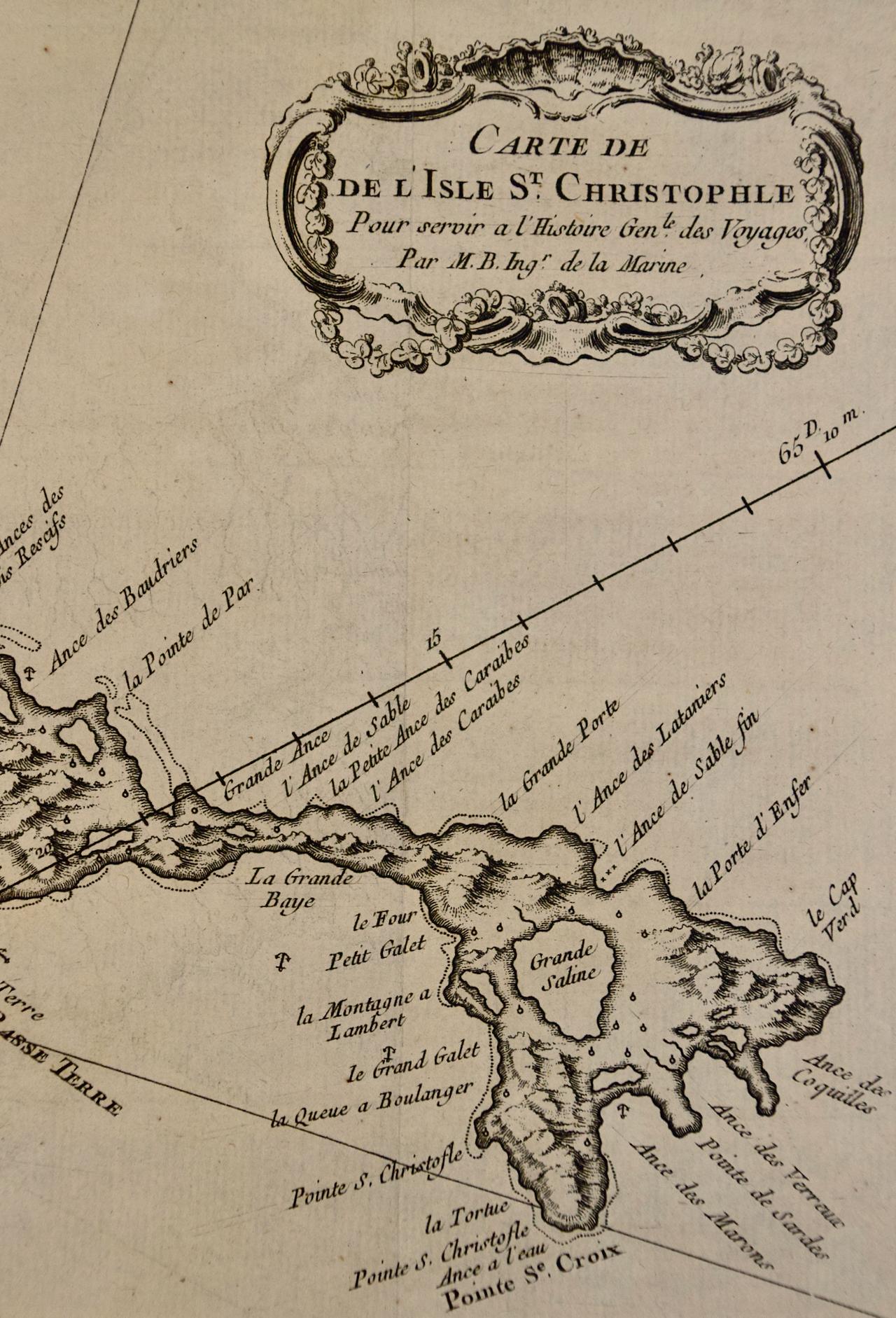 XVIIIe siècle L'île St. Christophe « St. Kitts » : une carte colorée à la main du 18e siècle par Bellin en vente